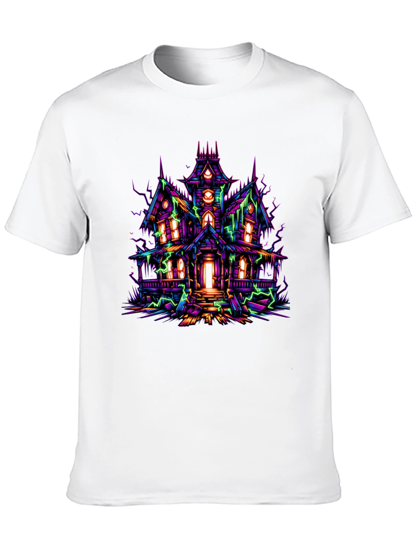Haunted House Graphic Tee - Neon Spooky Vibes