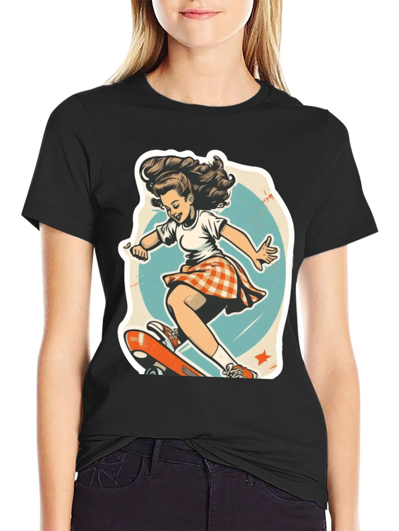 Retro Skater Girl Graphic T-Shirt - Black Unisex Tee