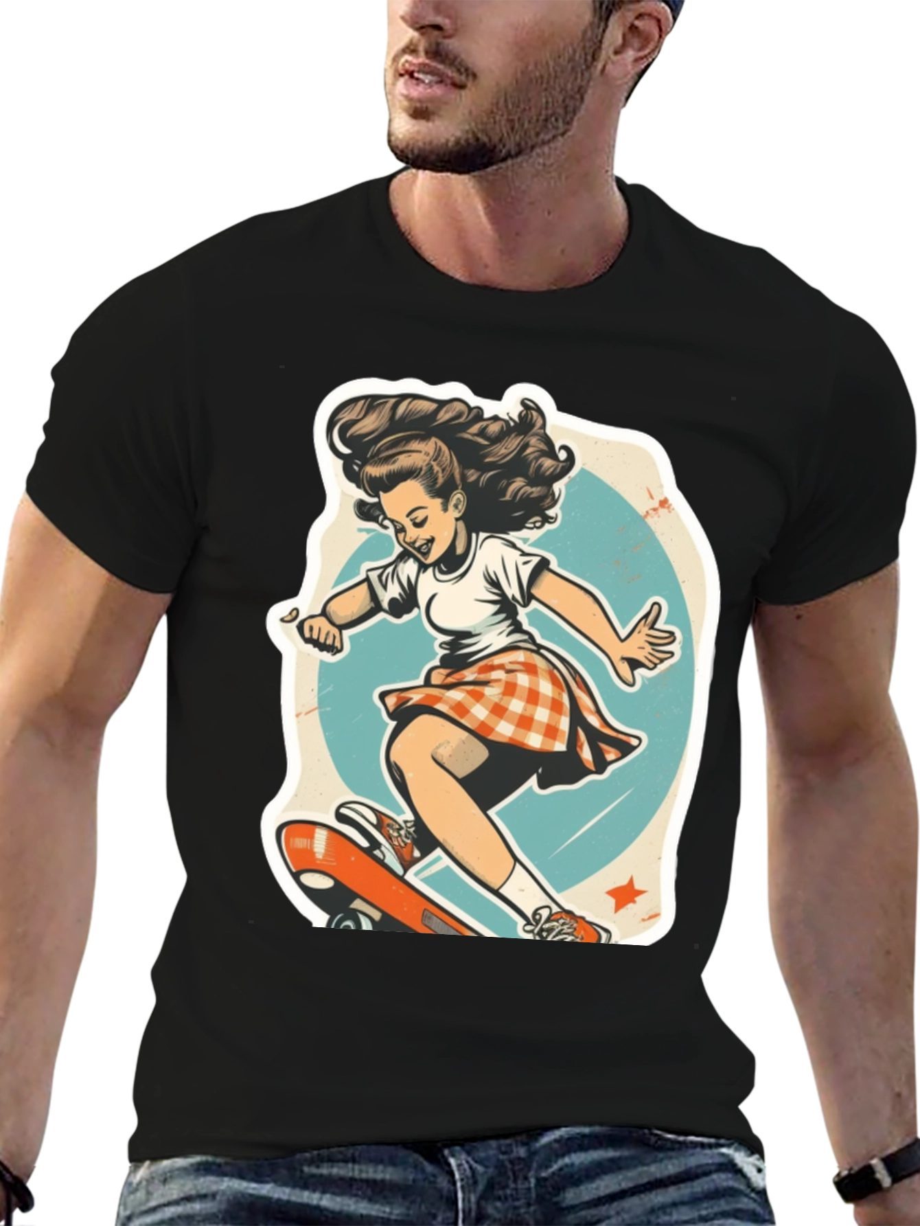 Retro Skater Girl Graphic T-Shirt - Black Unisex Tee
