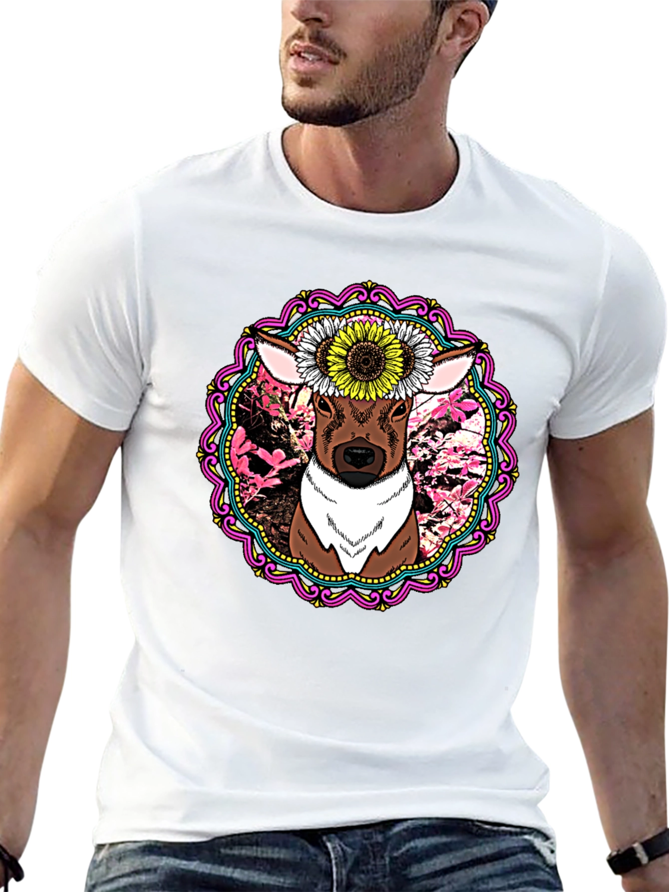 Deer & Sunflower Graphic Print T-Shirt