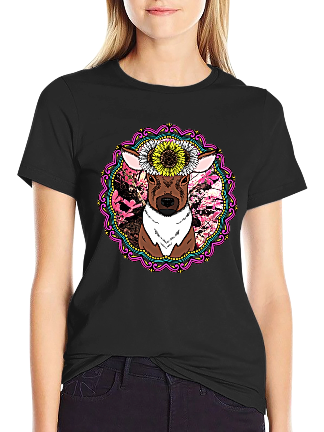 Deer & Sunflower Graphic Print T-Shirt