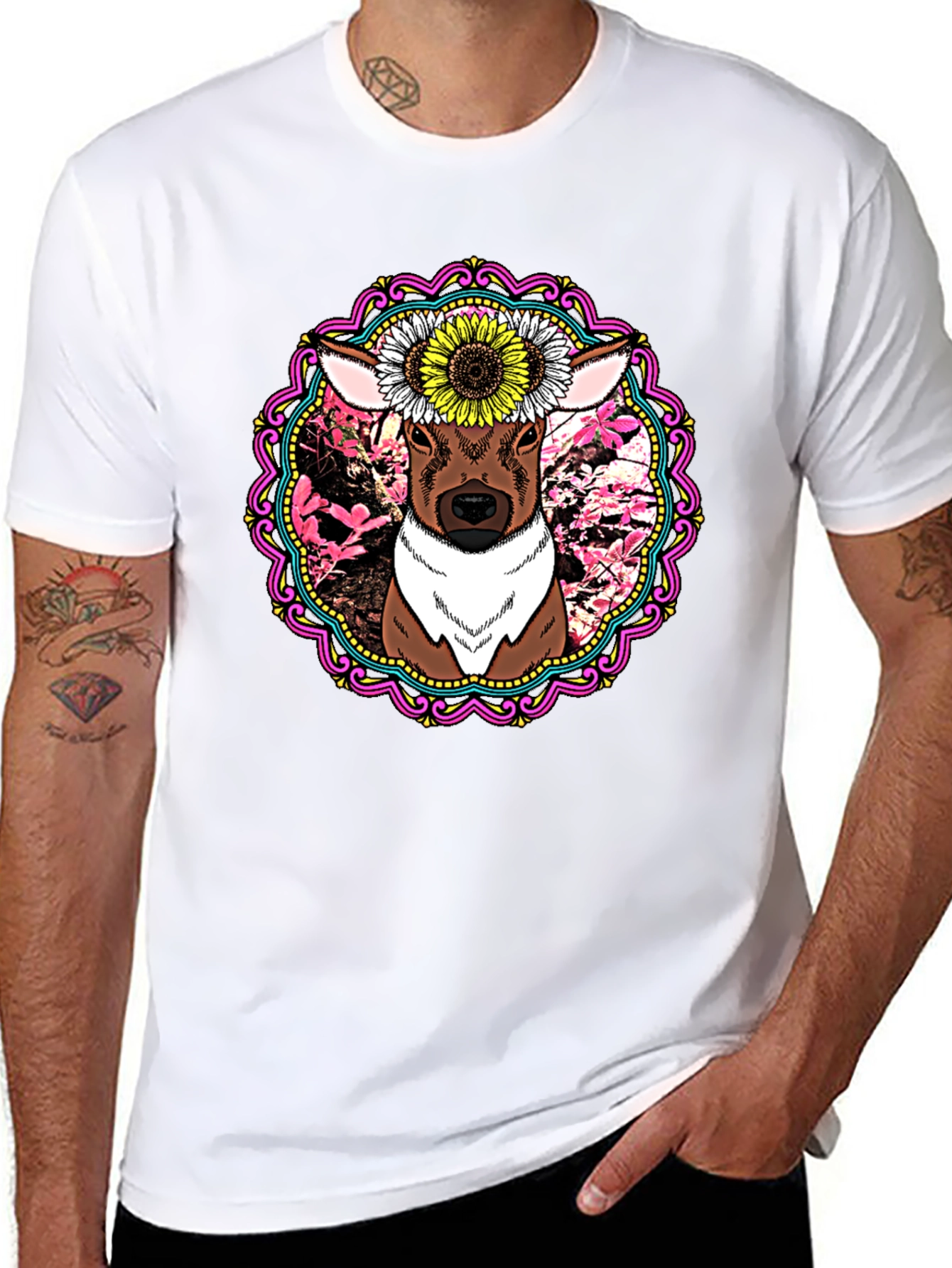 Deer & Sunflower Graphic Print T-Shirt
