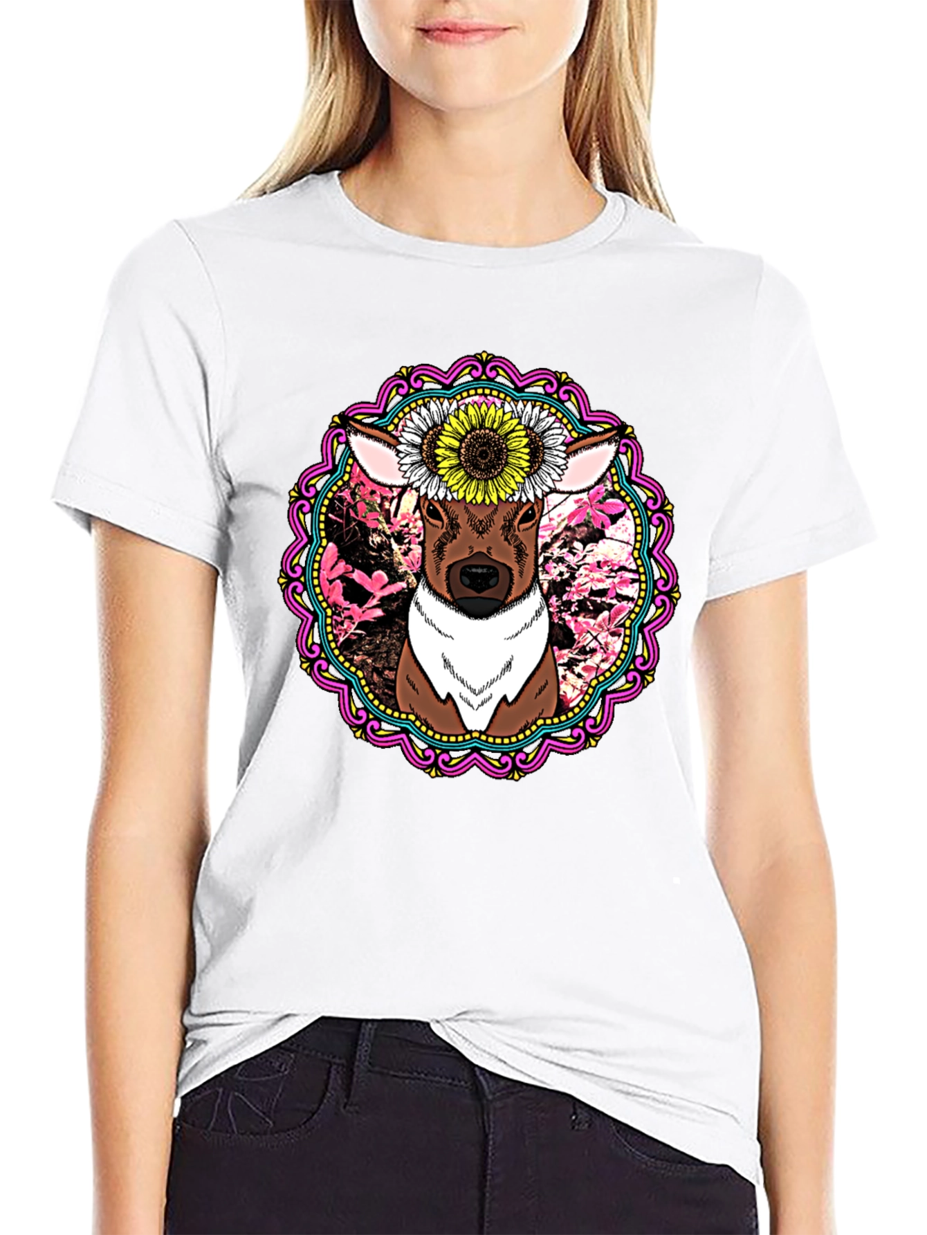 Deer & Sunflower Graphic Print T-Shirt