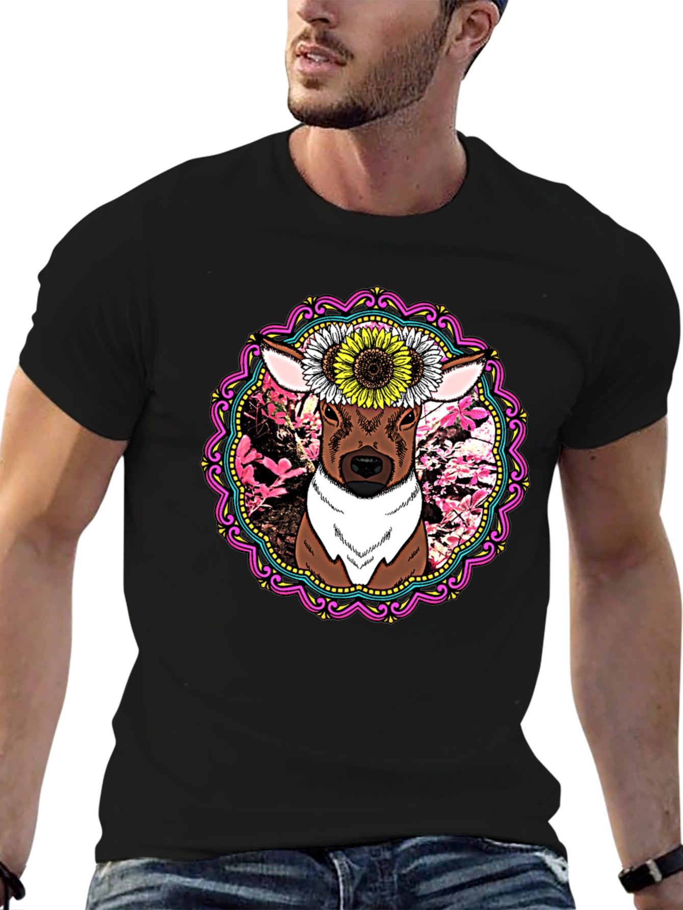 Deer & Sunflower Graphic Print T-Shirt