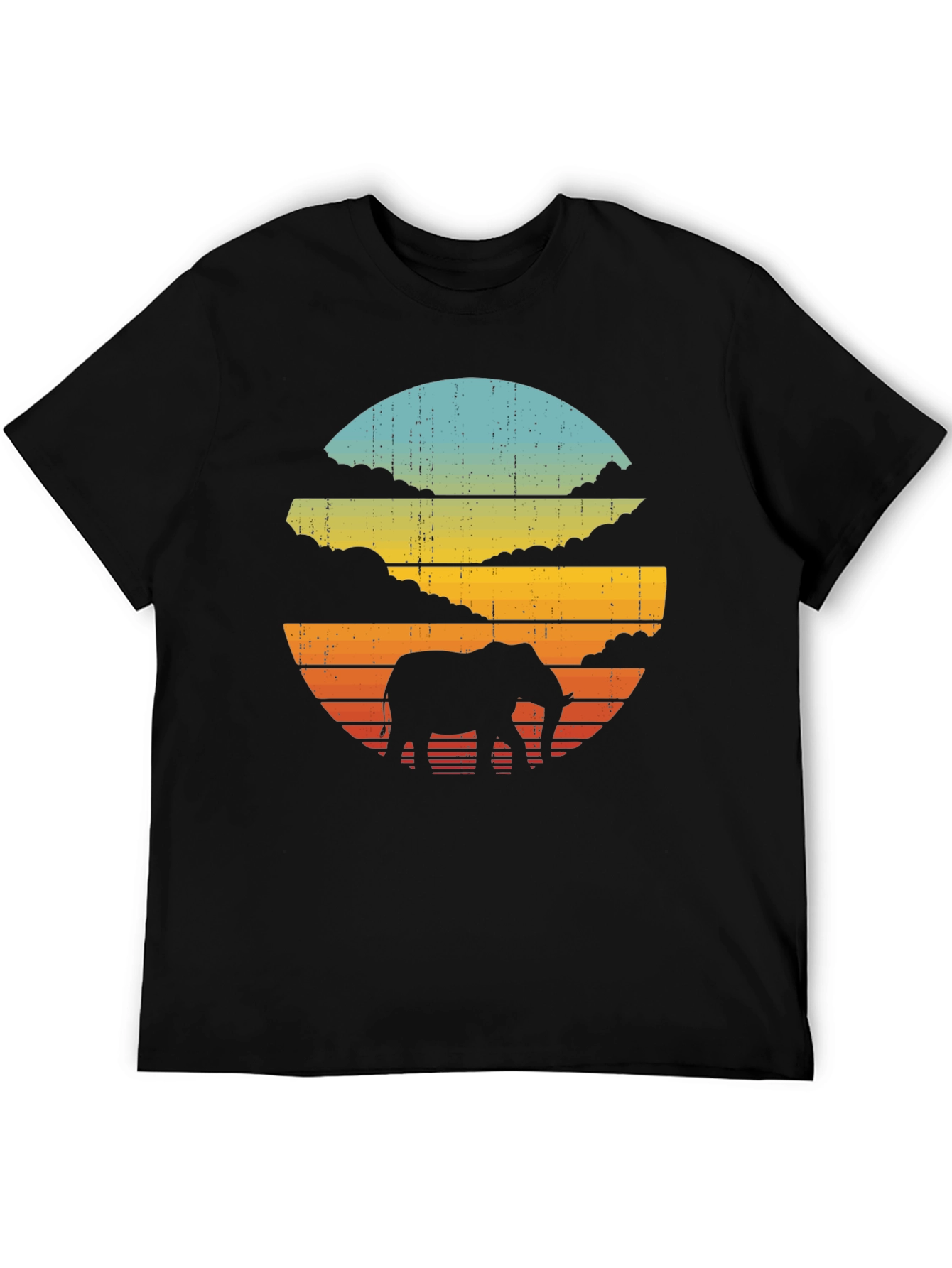 Retro Elephant Sunset Black T-Shirt