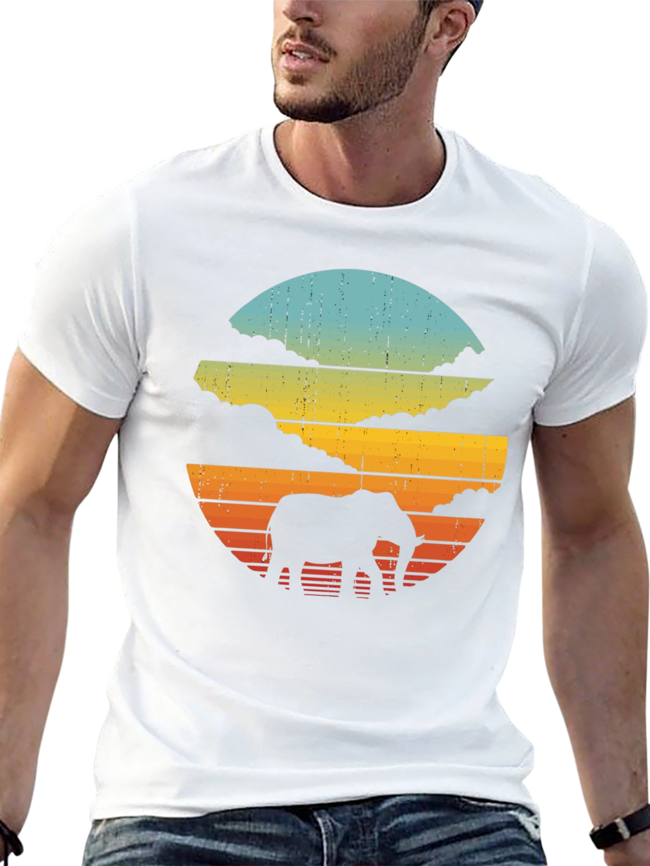 Retro Elephant Sunset Black T-Shirt