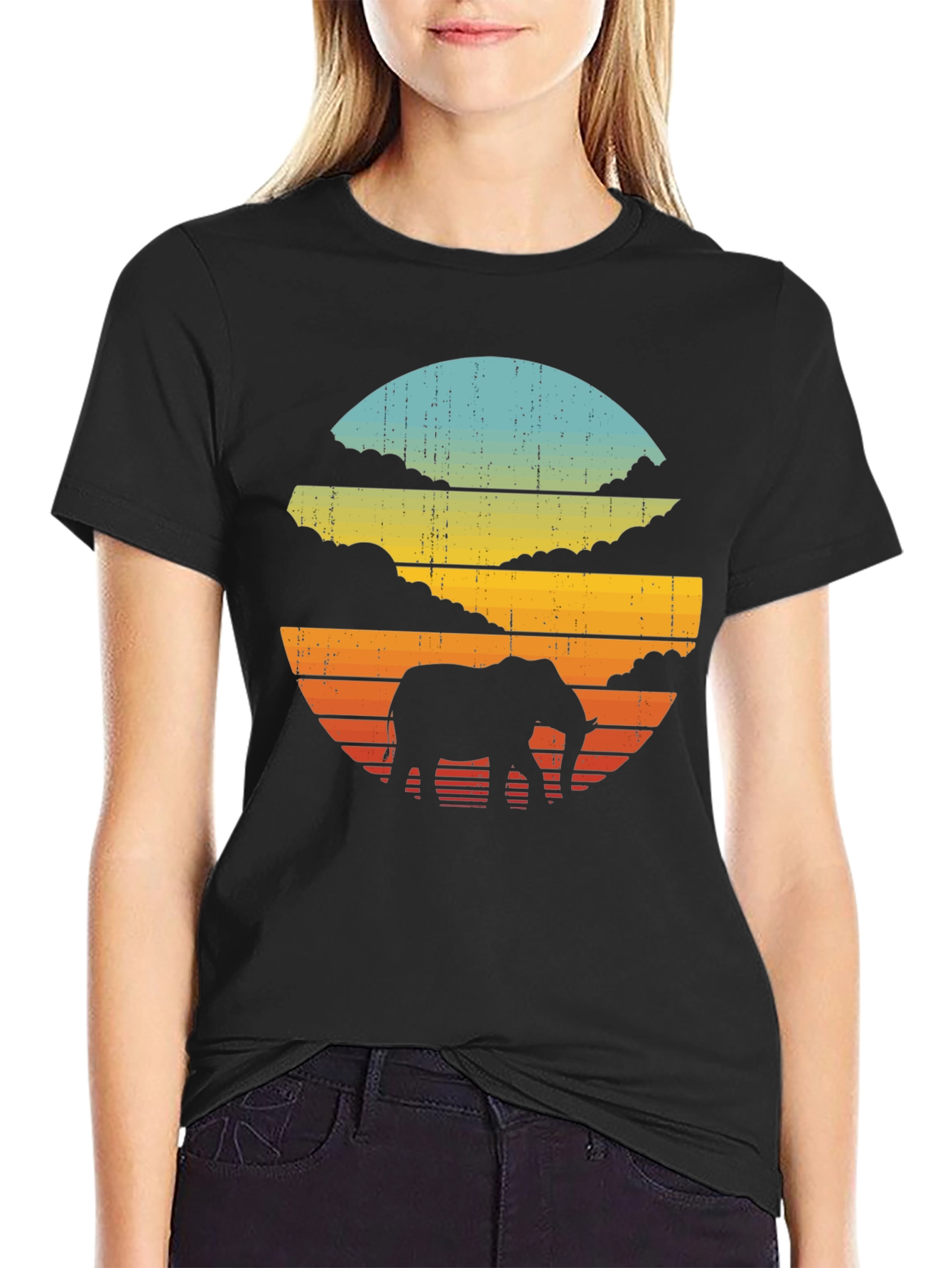 Retro Elephant Sunset Black T-Shirt