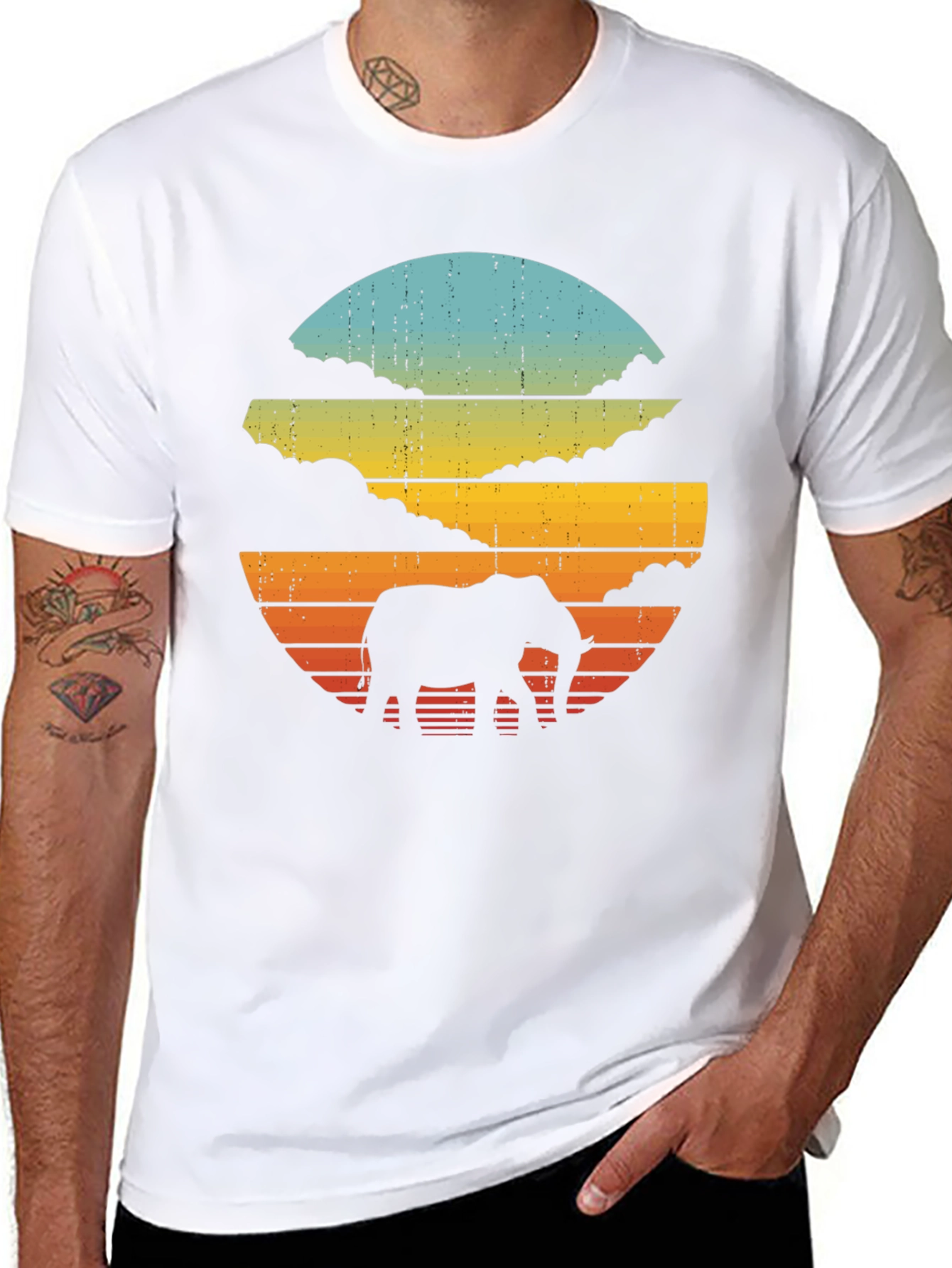 Retro Elephant Sunset Black T-Shirt