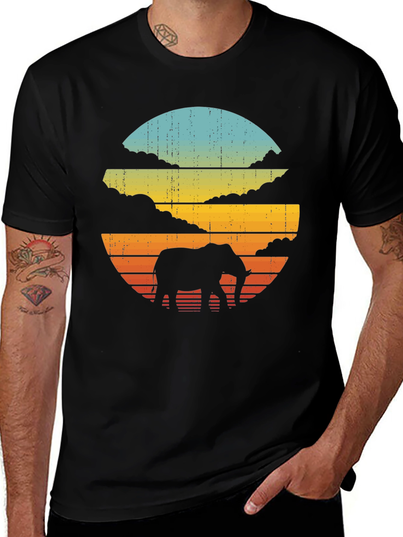 Retro Elephant Sunset Black T-Shirt