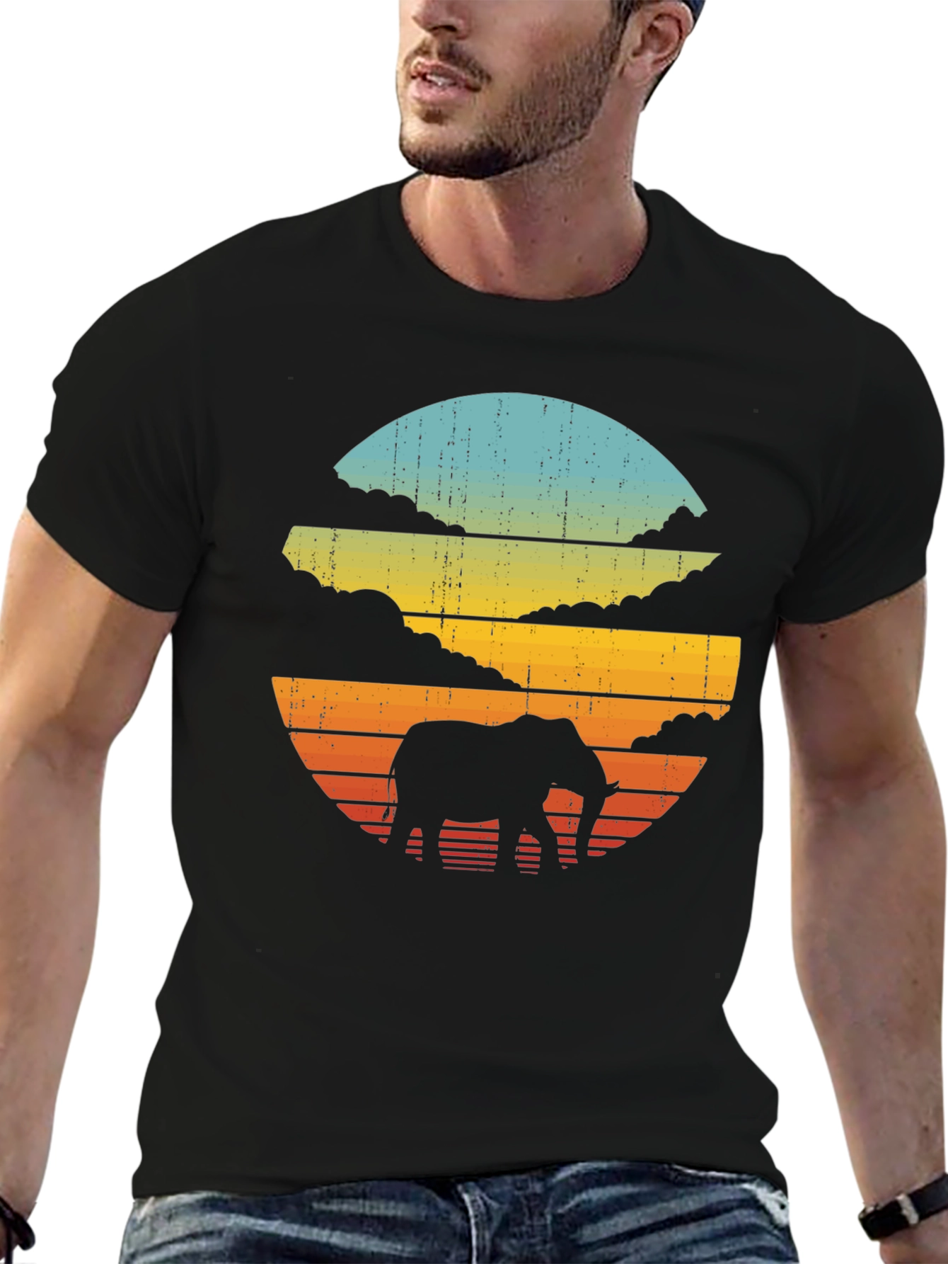 Retro Elephant Sunset Black T-Shirt