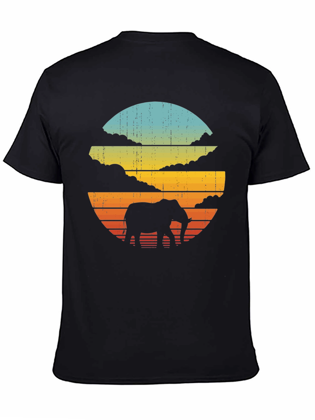 Retro Elephant Sunset Black T-Shirt