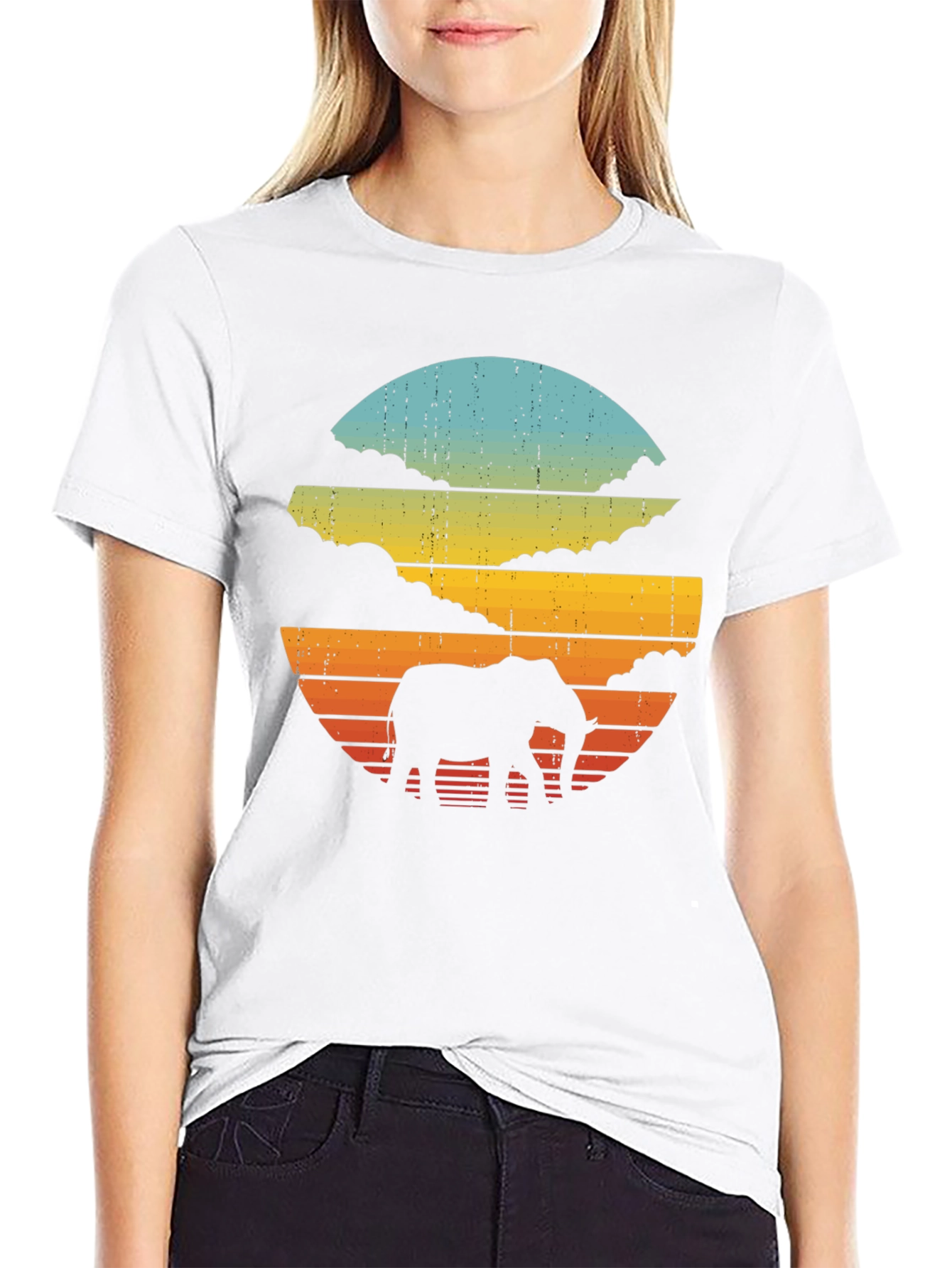 Retro Elephant Sunset Black T-Shirt