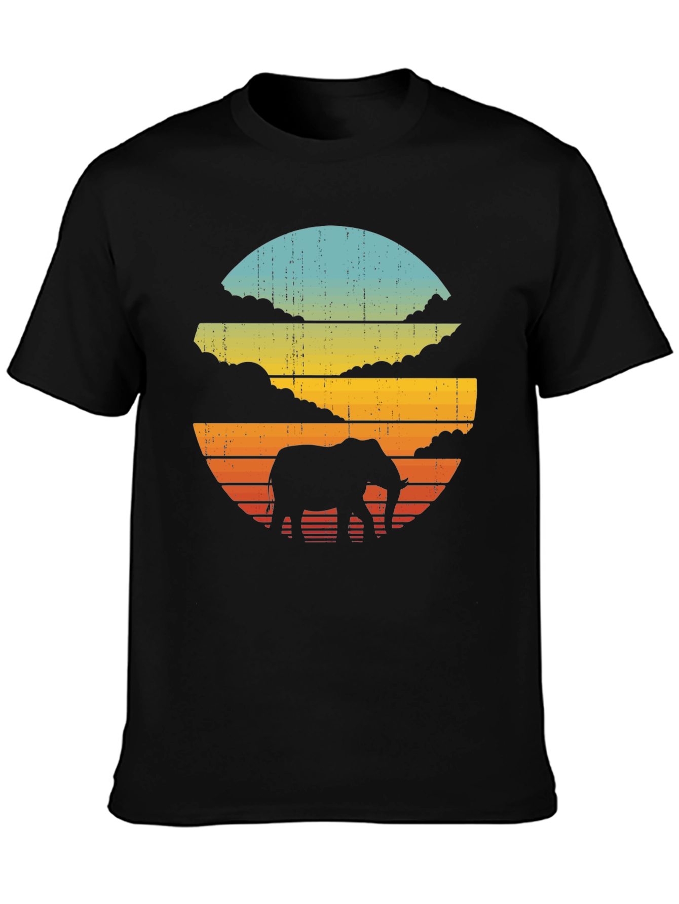 Retro Elephant Sunset Black T-Shirt