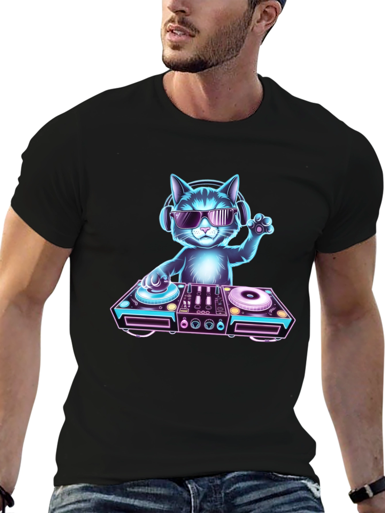 DJ Cat Graphic T-Shirt - Black Cotton Tee