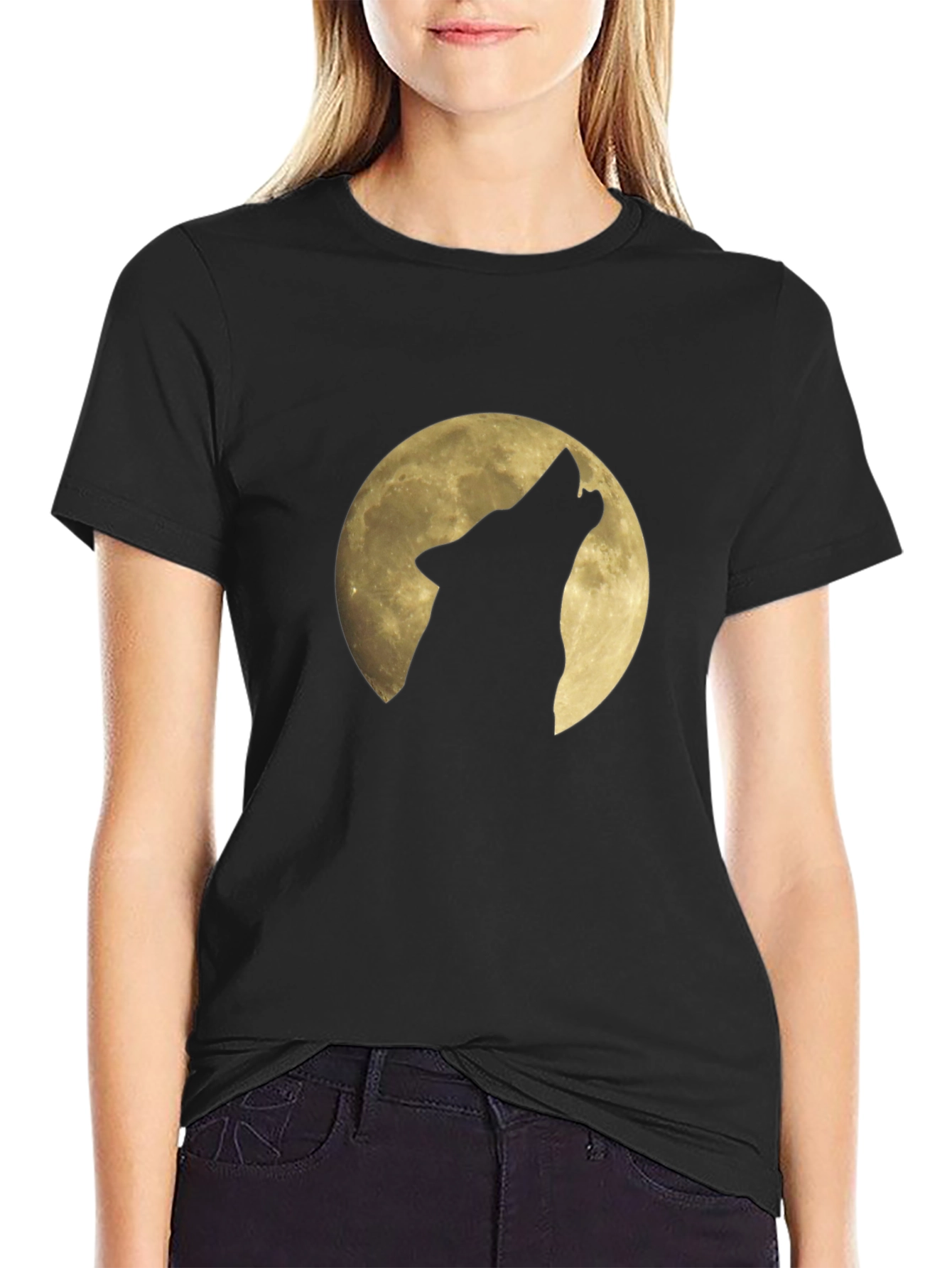 Wolf Howling at Moon Graphic Black T-Shirt