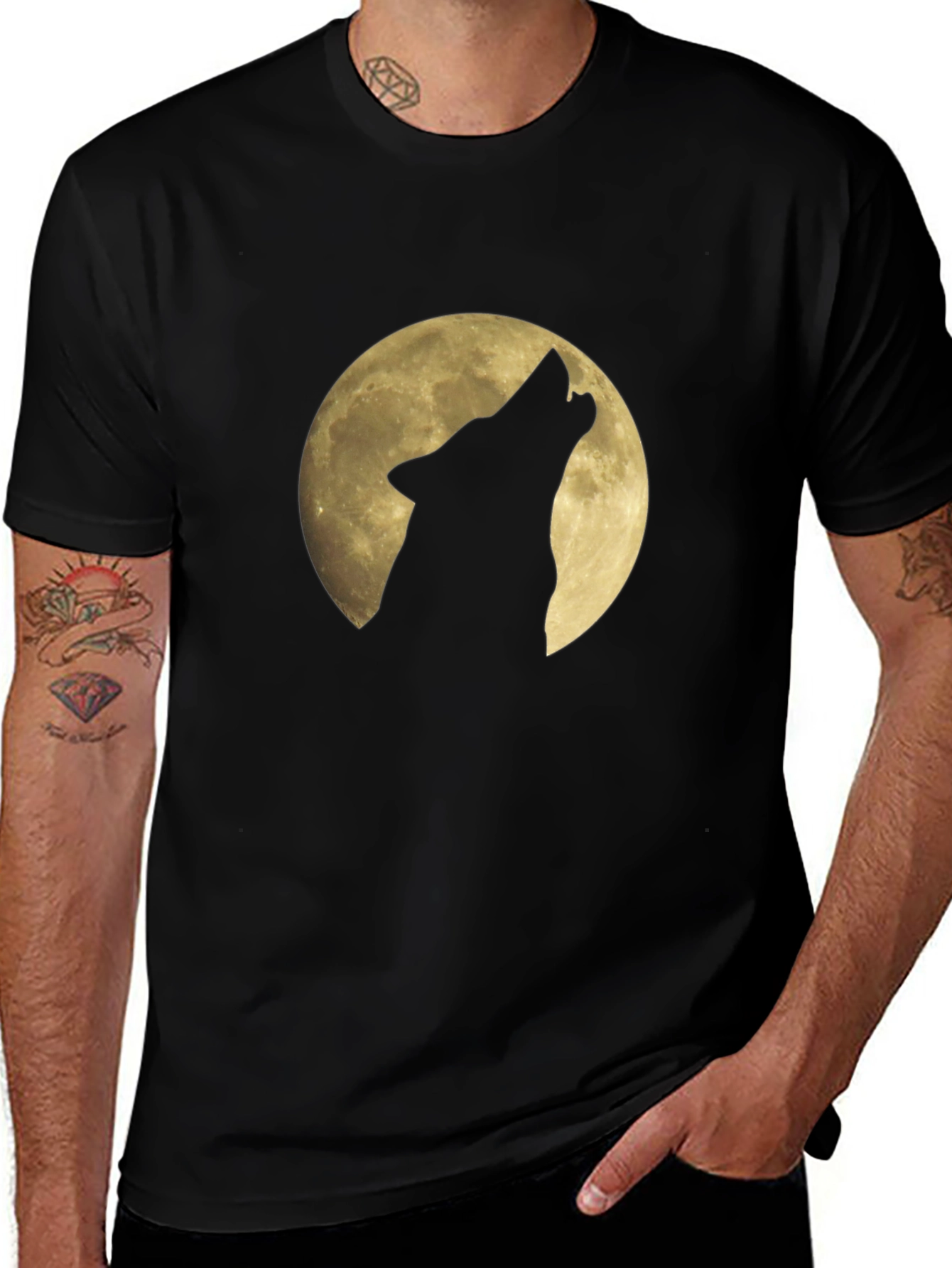 Wolf Howling at Moon Graphic Black T-Shirt