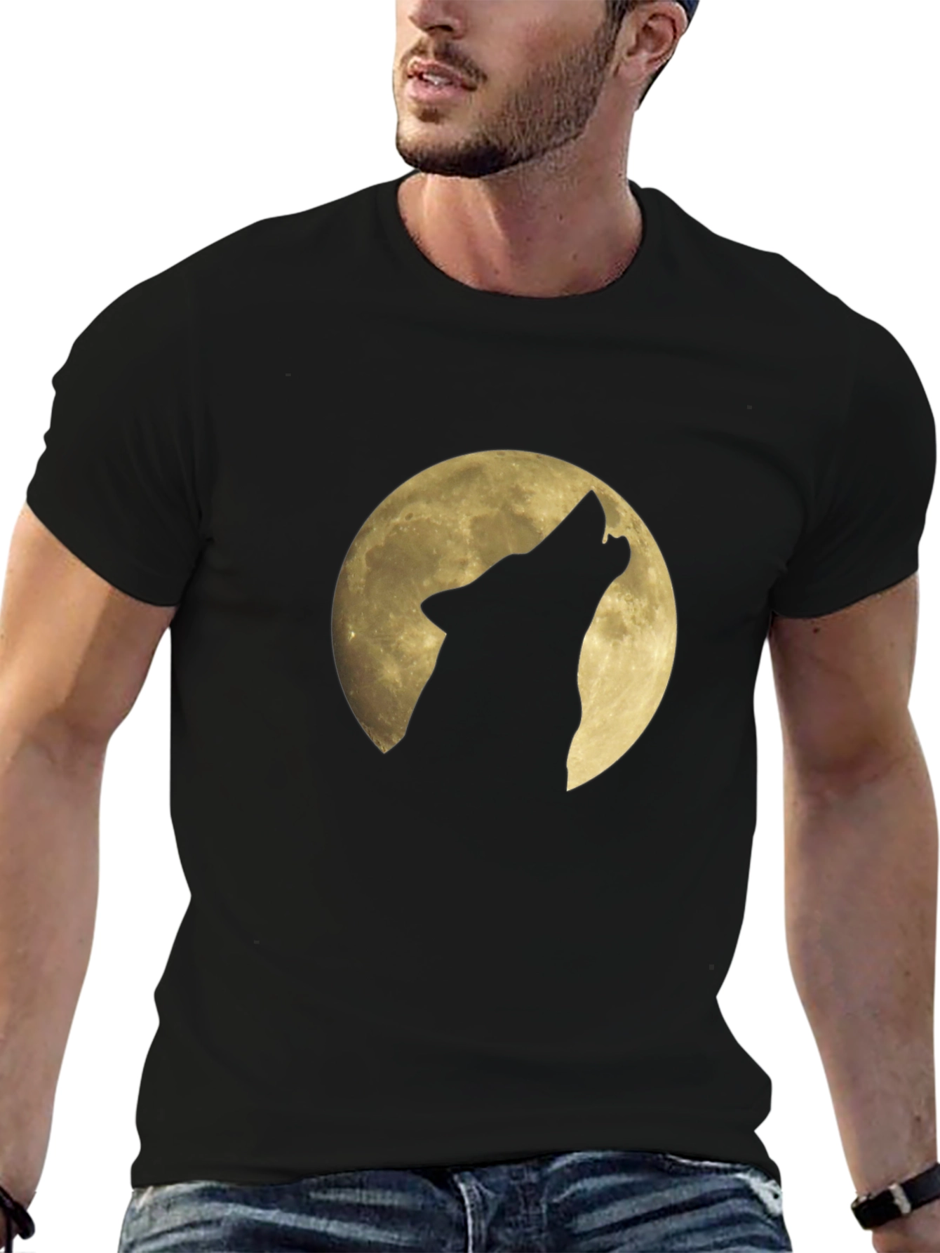 Wolf Howling at Moon Graphic Black T-Shirt
