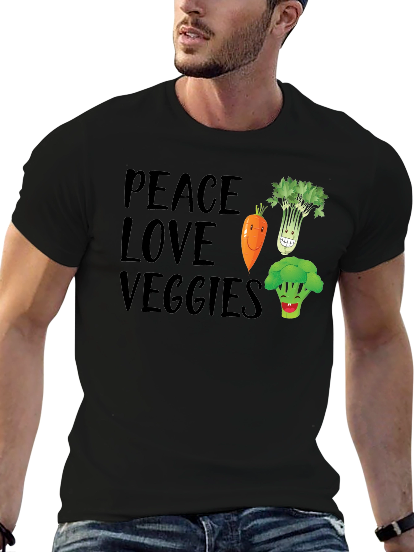 Peace Love Veggies Black Graphic T-Shirt