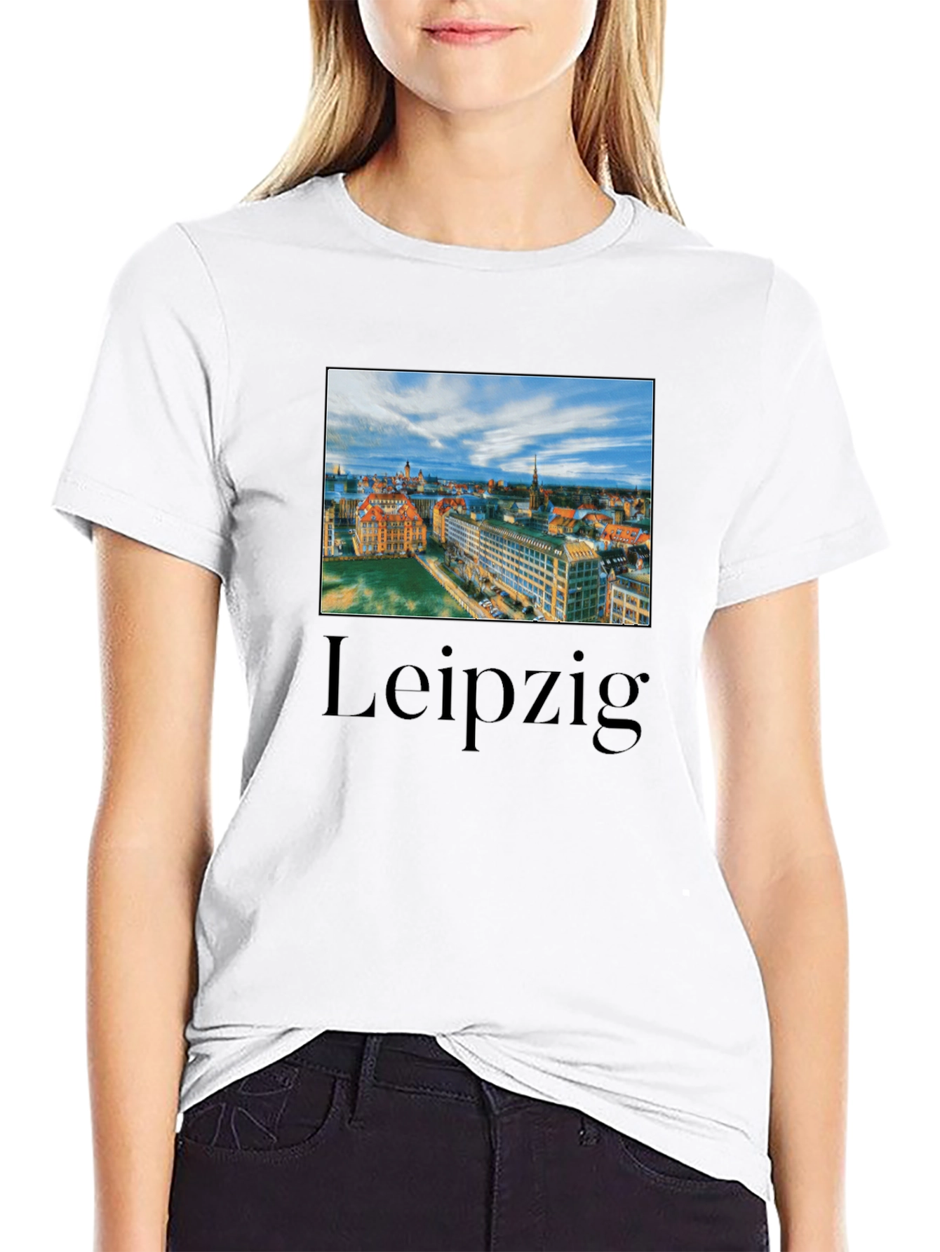 Leipzig Cityscape Graphic Tee - Black Cotton T-Shirt