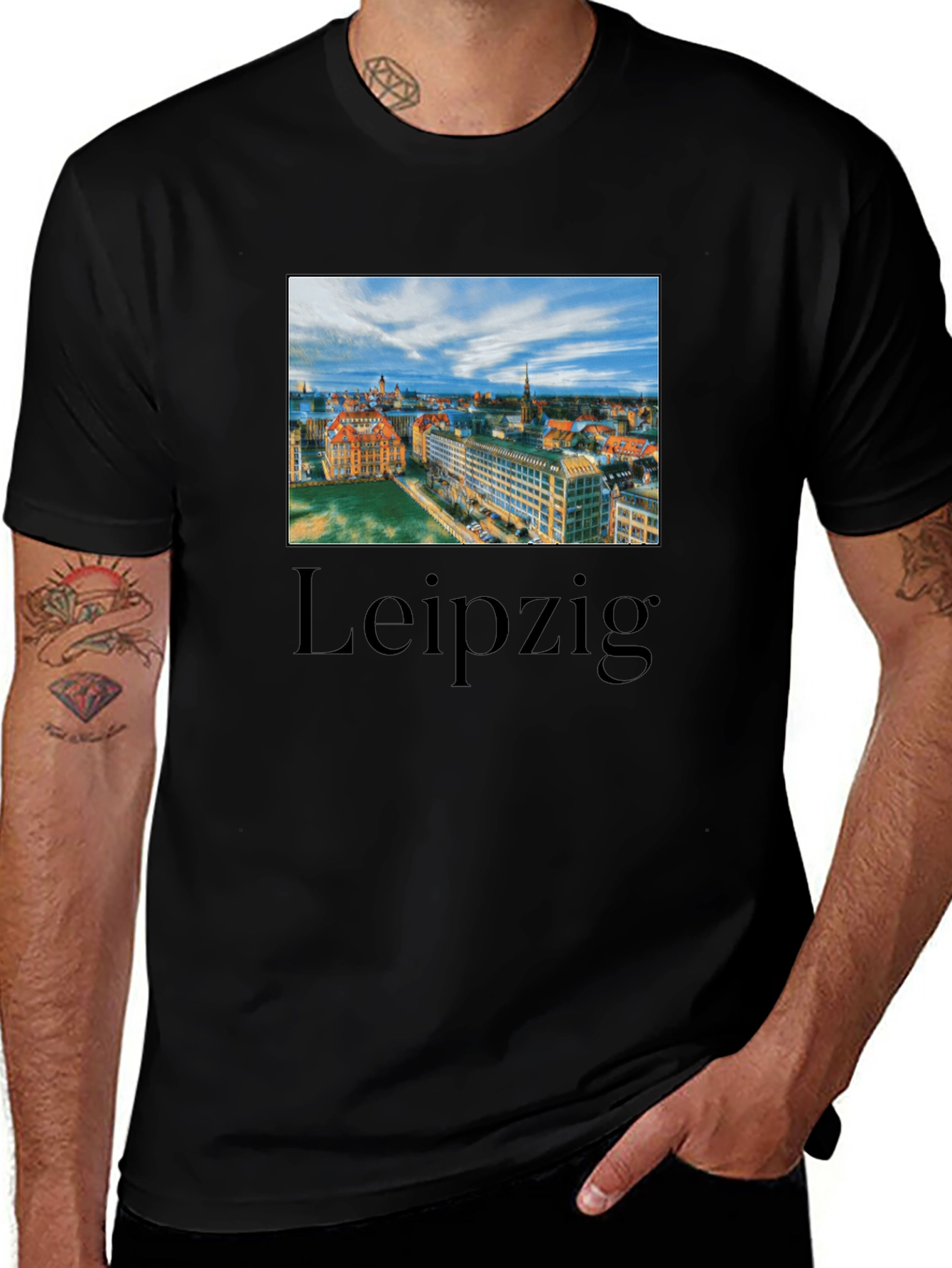 Leipzig Cityscape Graphic Tee - Black Cotton T-Shirt