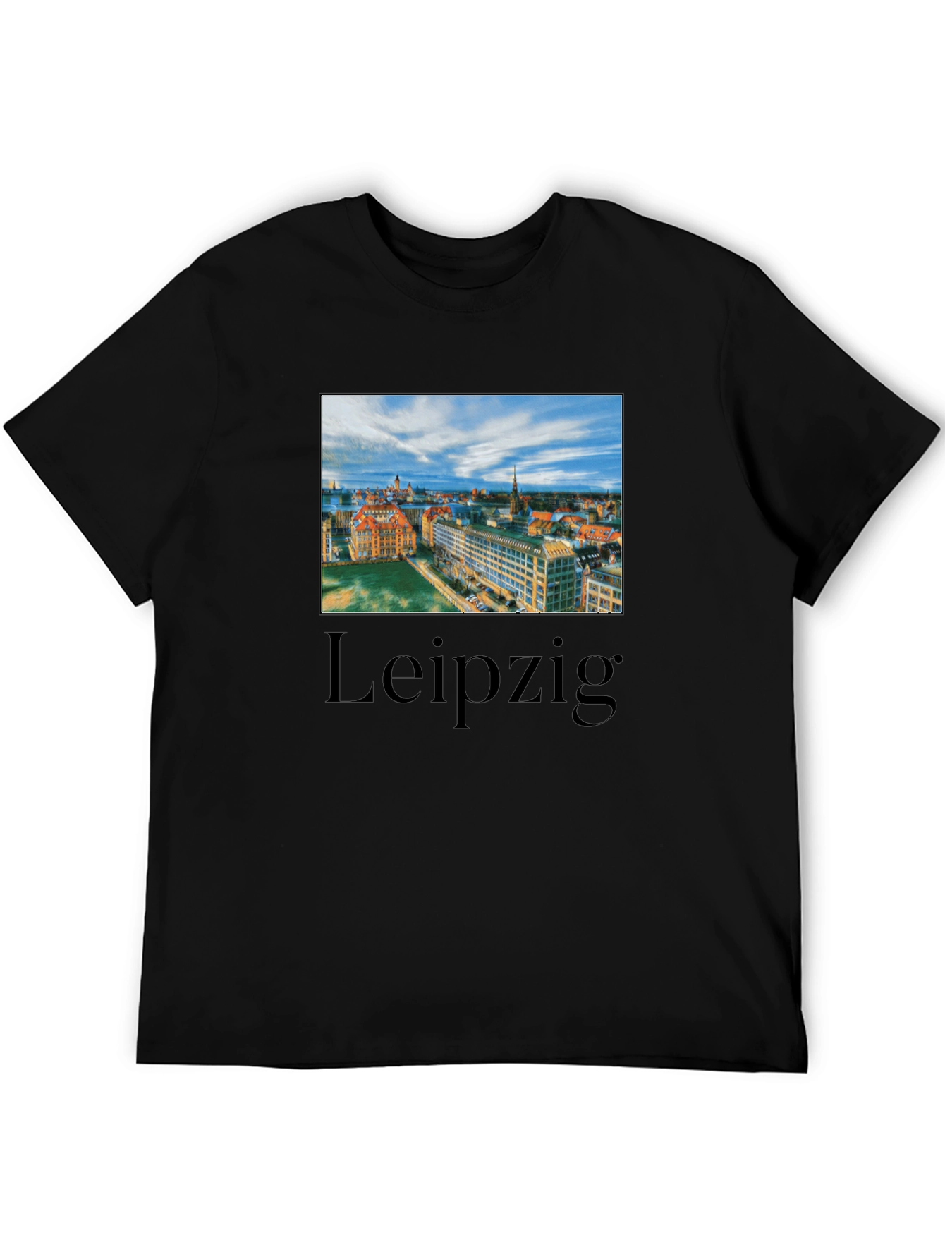 Leipzig Cityscape Graphic Tee - Black Cotton T-Shirt