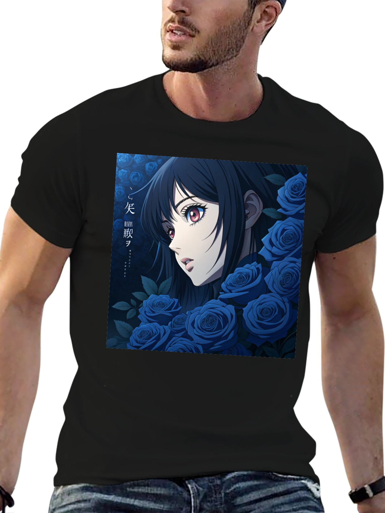 Anime Girl & Blue Roses Graphic Tee