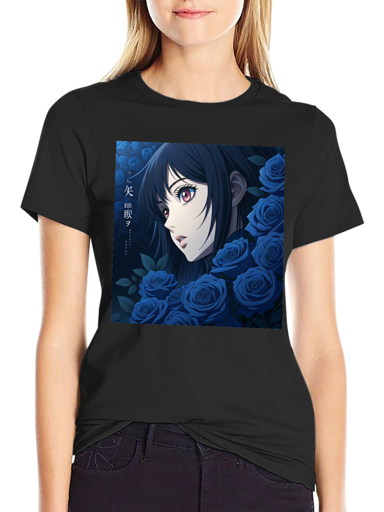 Anime Girl & Blue Roses Graphic Tee