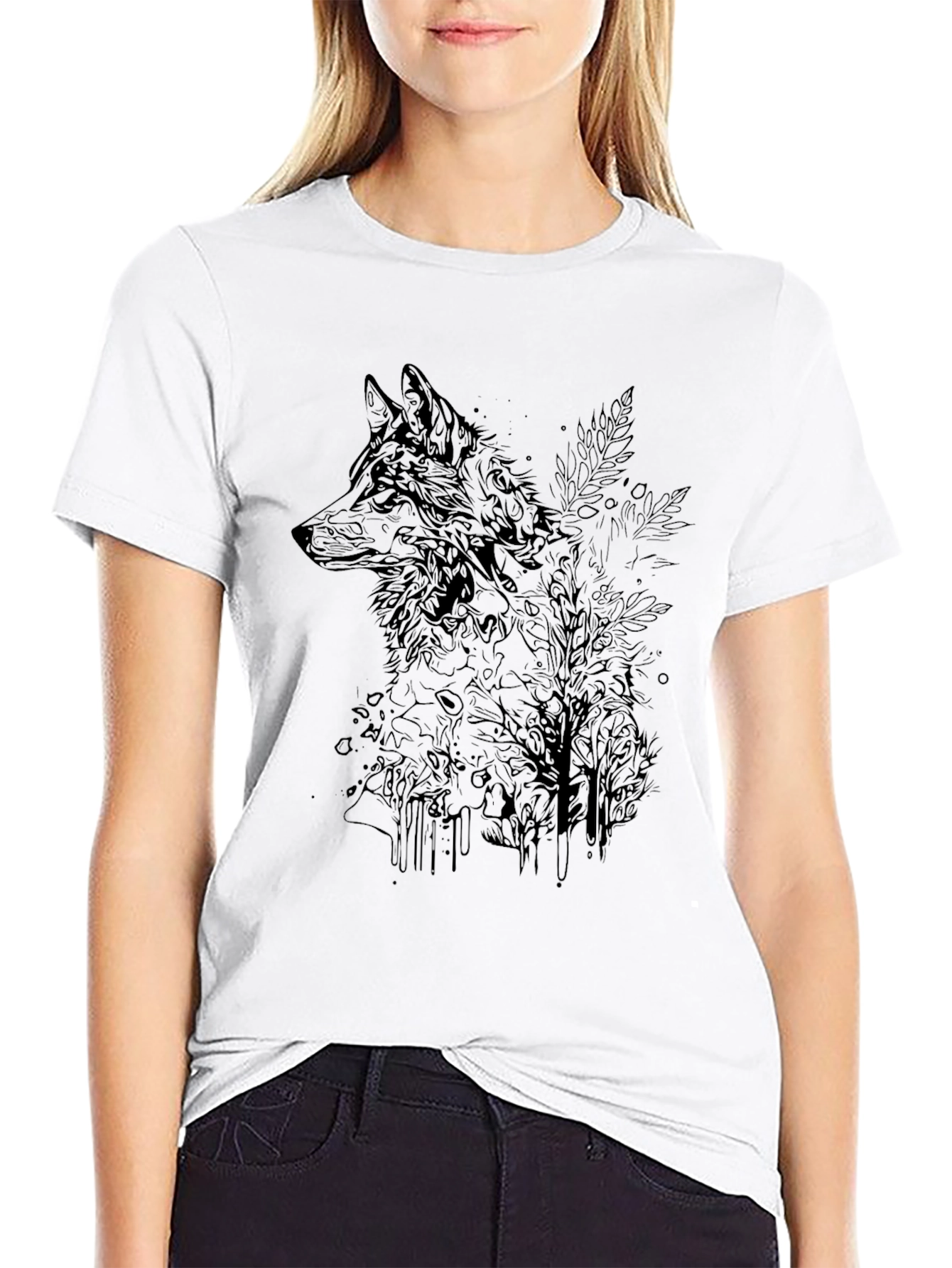 Black Wolf Graphic Print Crew Neck T-Shirt