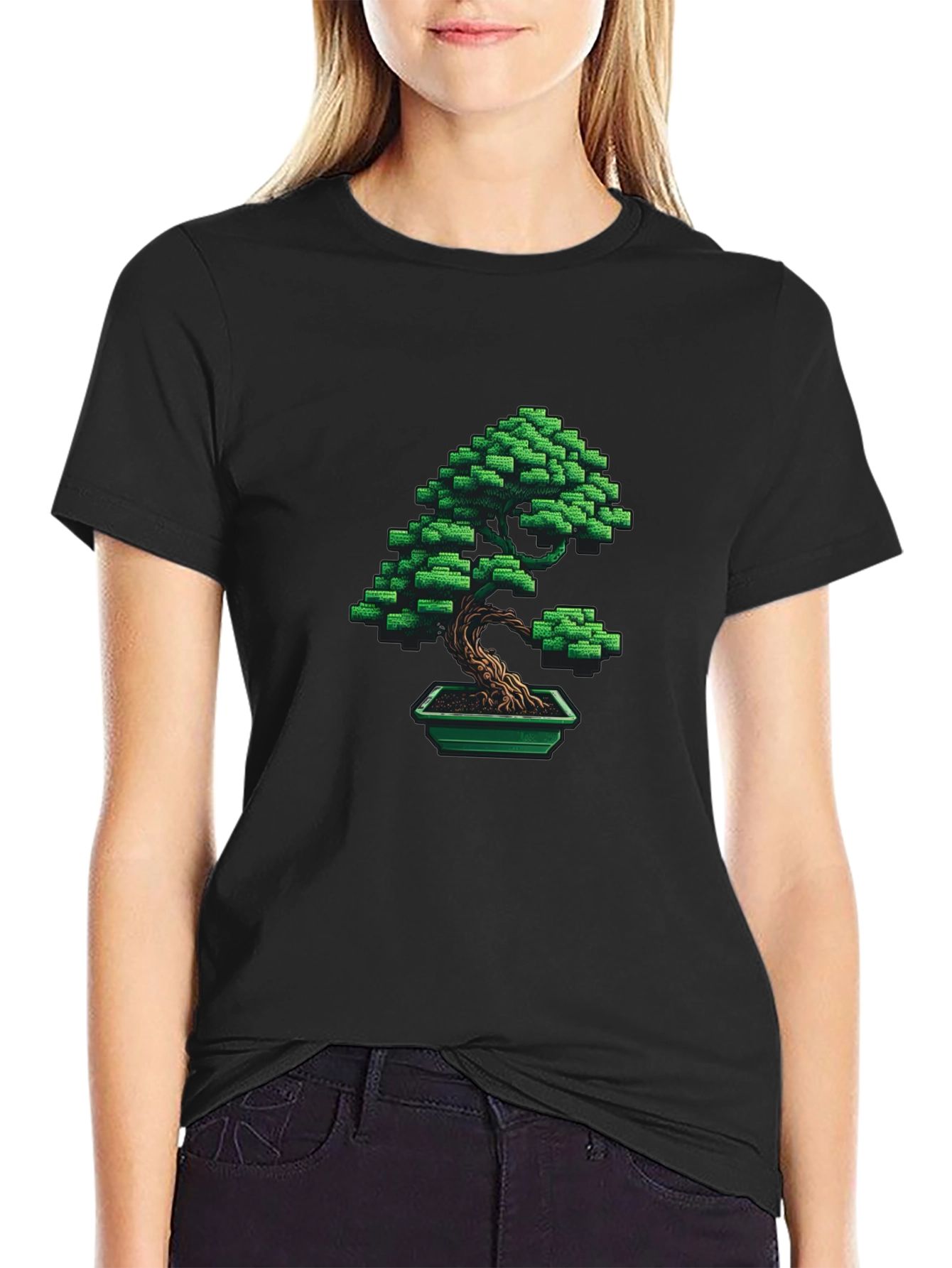 Pixel Art Bonsai Tree Graphic Tee - Black