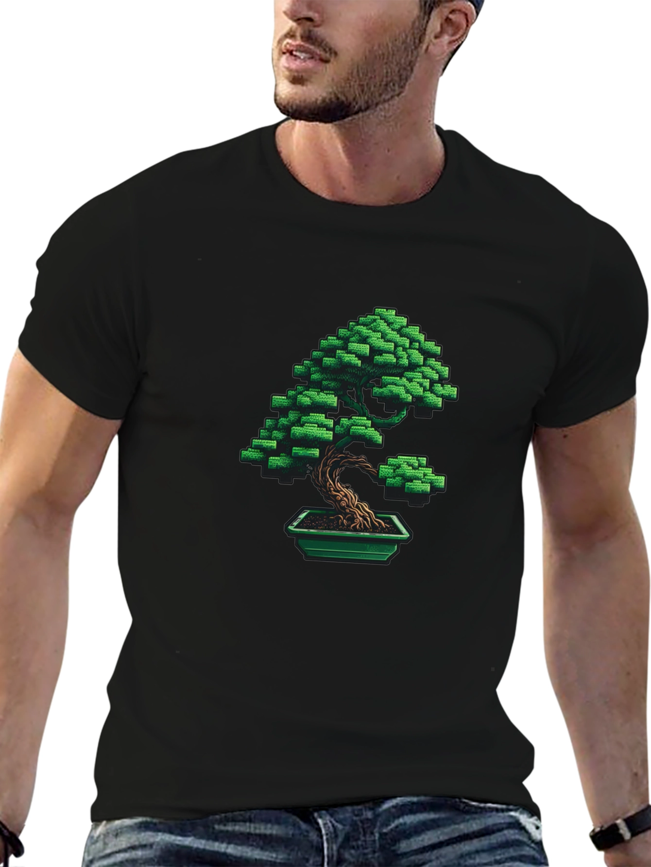 Pixel Art Bonsai Tree Graphic Tee - Black