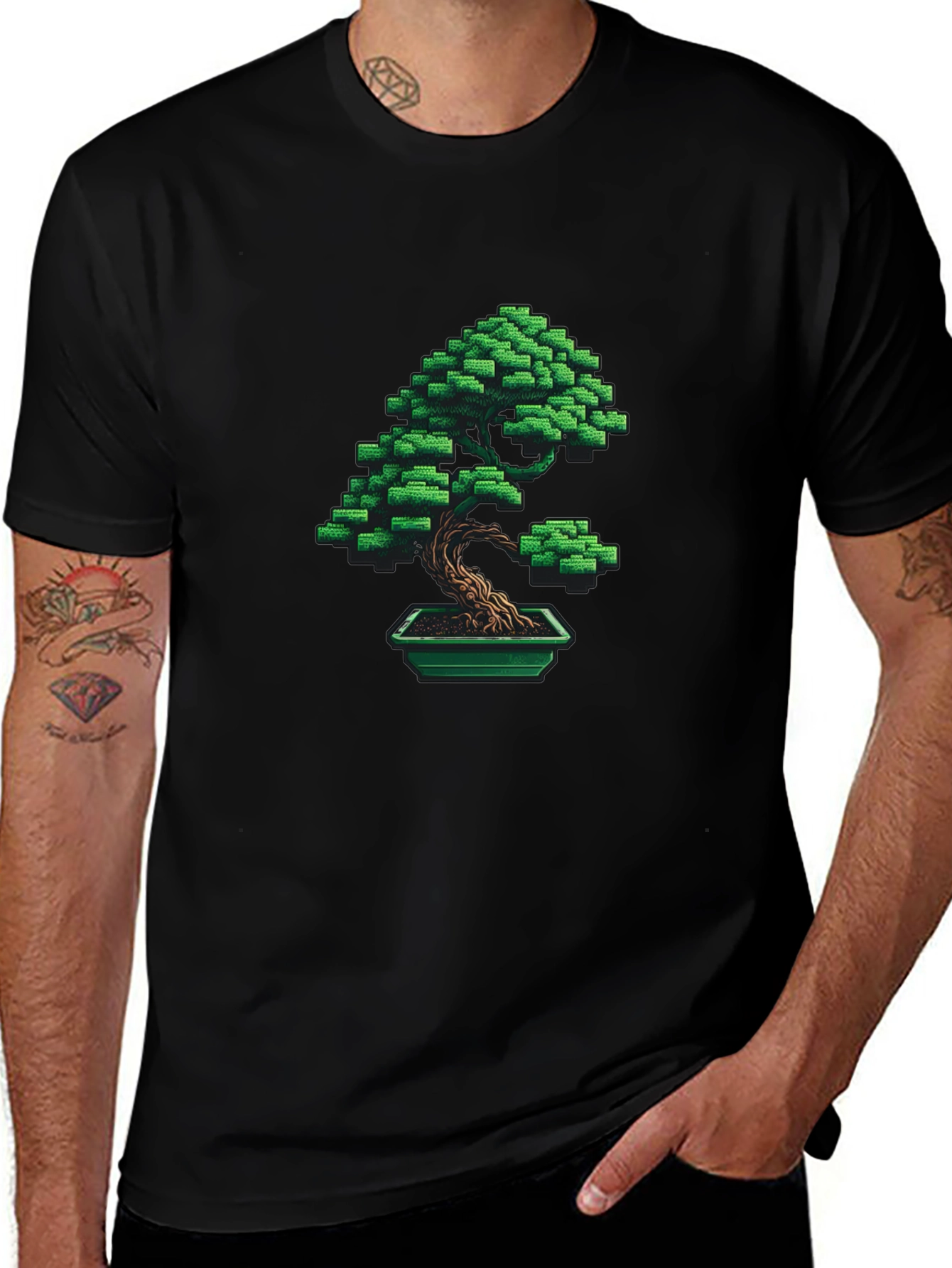 Pixel Art Bonsai Tree Graphic Tee - Black