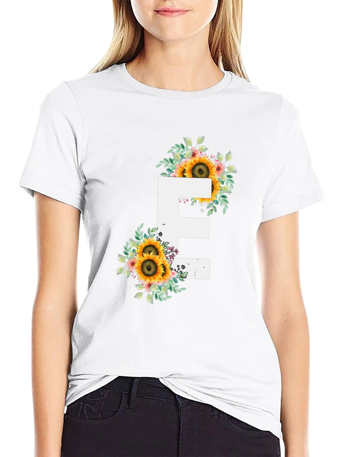 Floral Letter E T-Shirt - Sunflower Initial Tee
