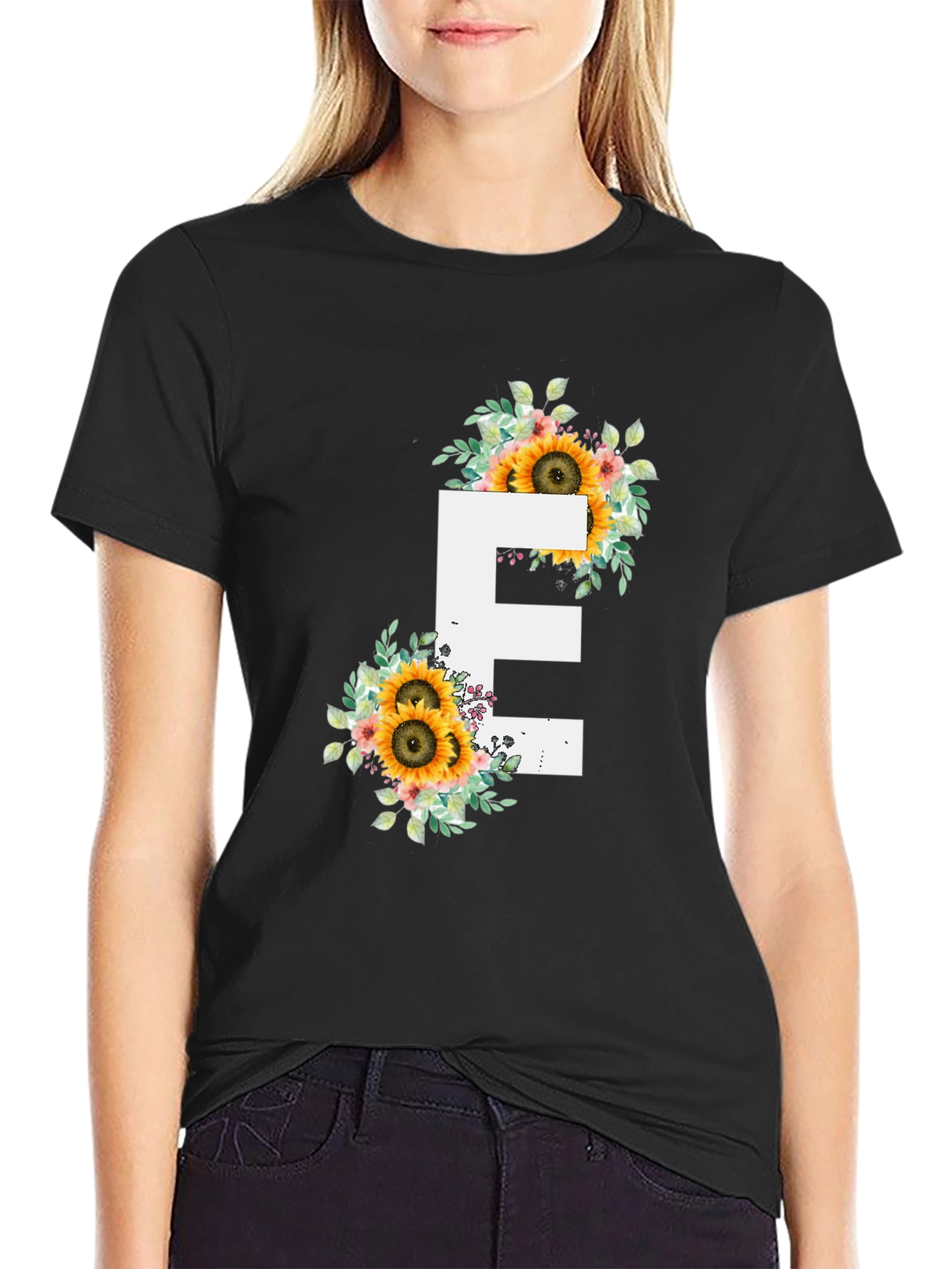 Floral Letter E T-Shirt - Sunflower Initial Tee
