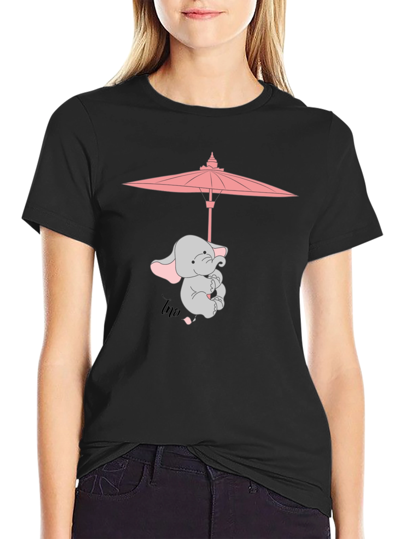 Cute Elephant Umbrella T-Shirt - Black