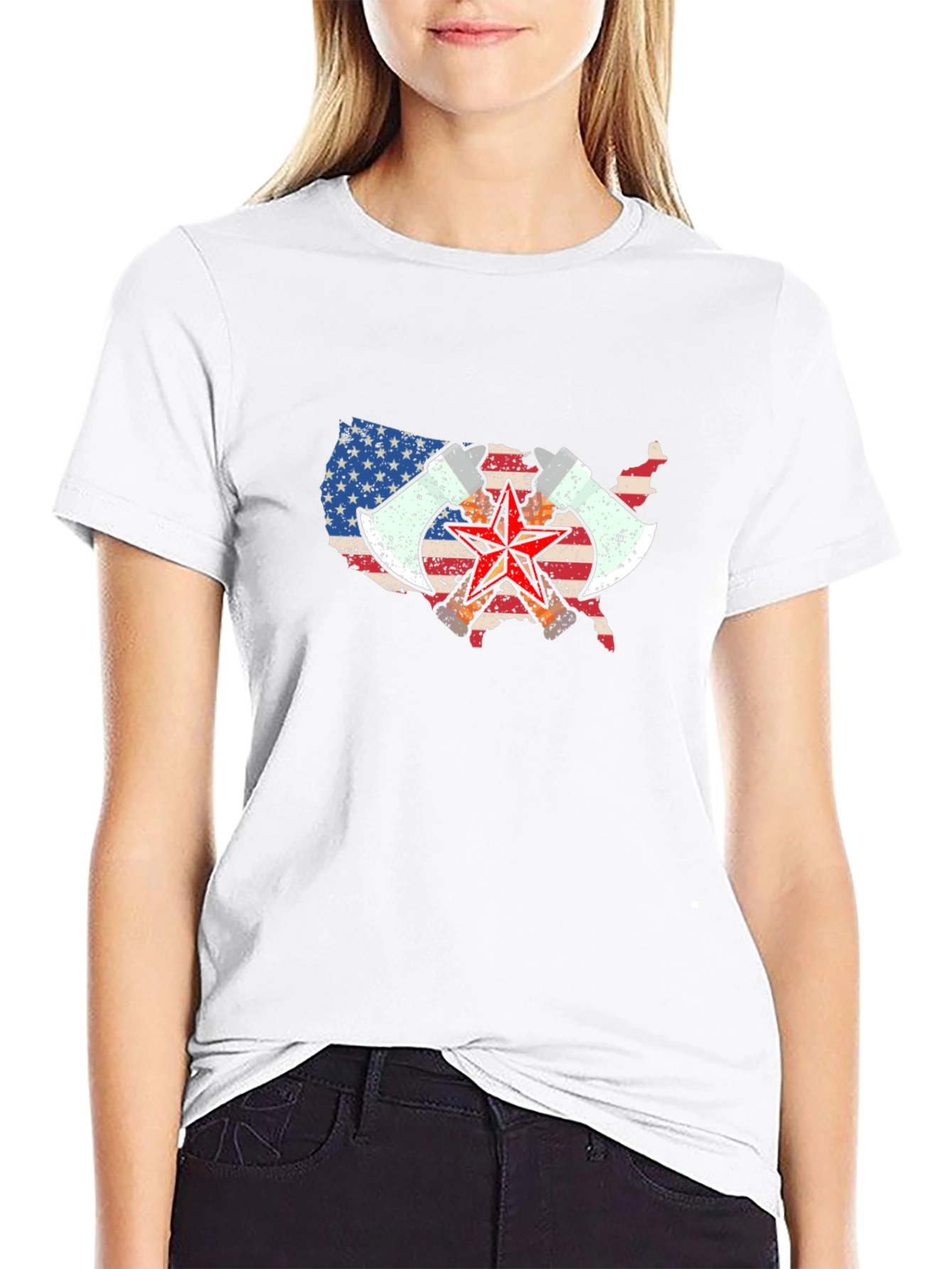 USA Map Axe & Star Graphic T-Shirt - Black