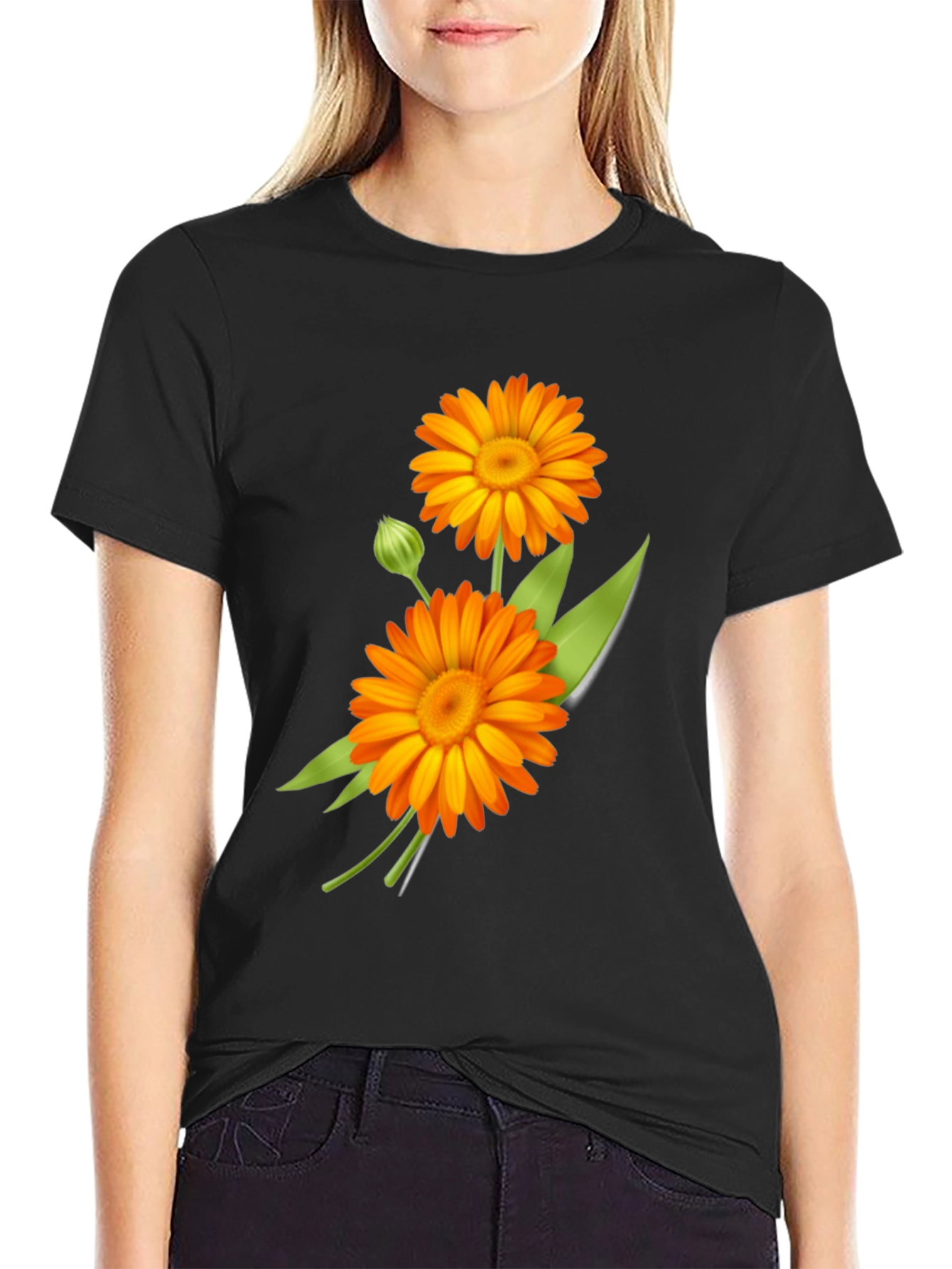 Calendula Flower Graphic Print Black Tee