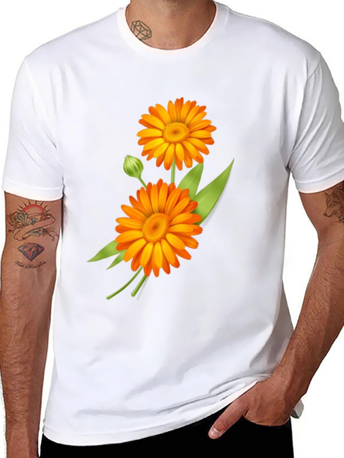 Calendula Flower Graphic Print Black Tee