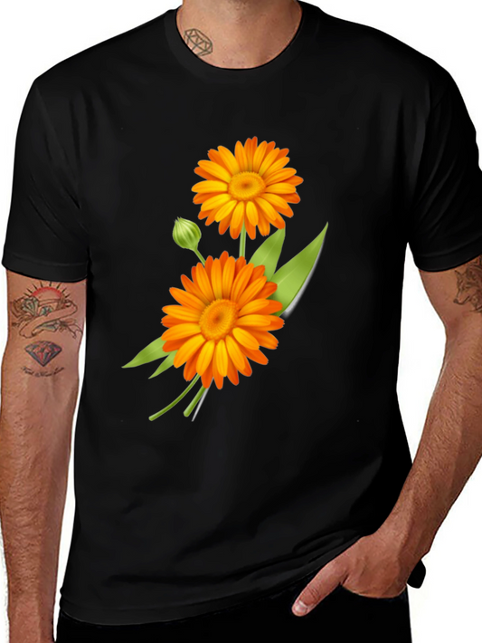 Calendula Flower Graphic Print Black Tee
