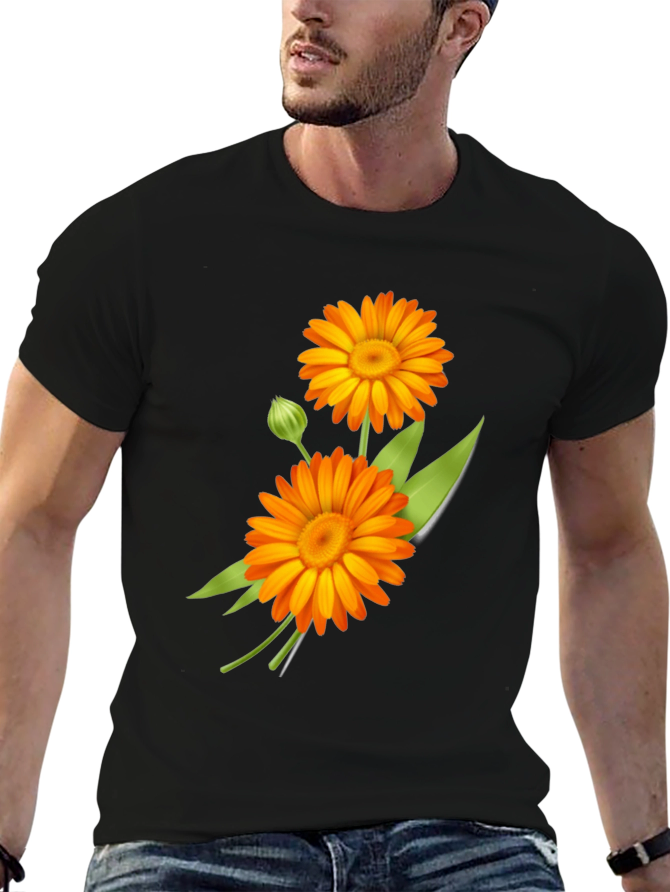 Calendula Flower Graphic Print Black Tee