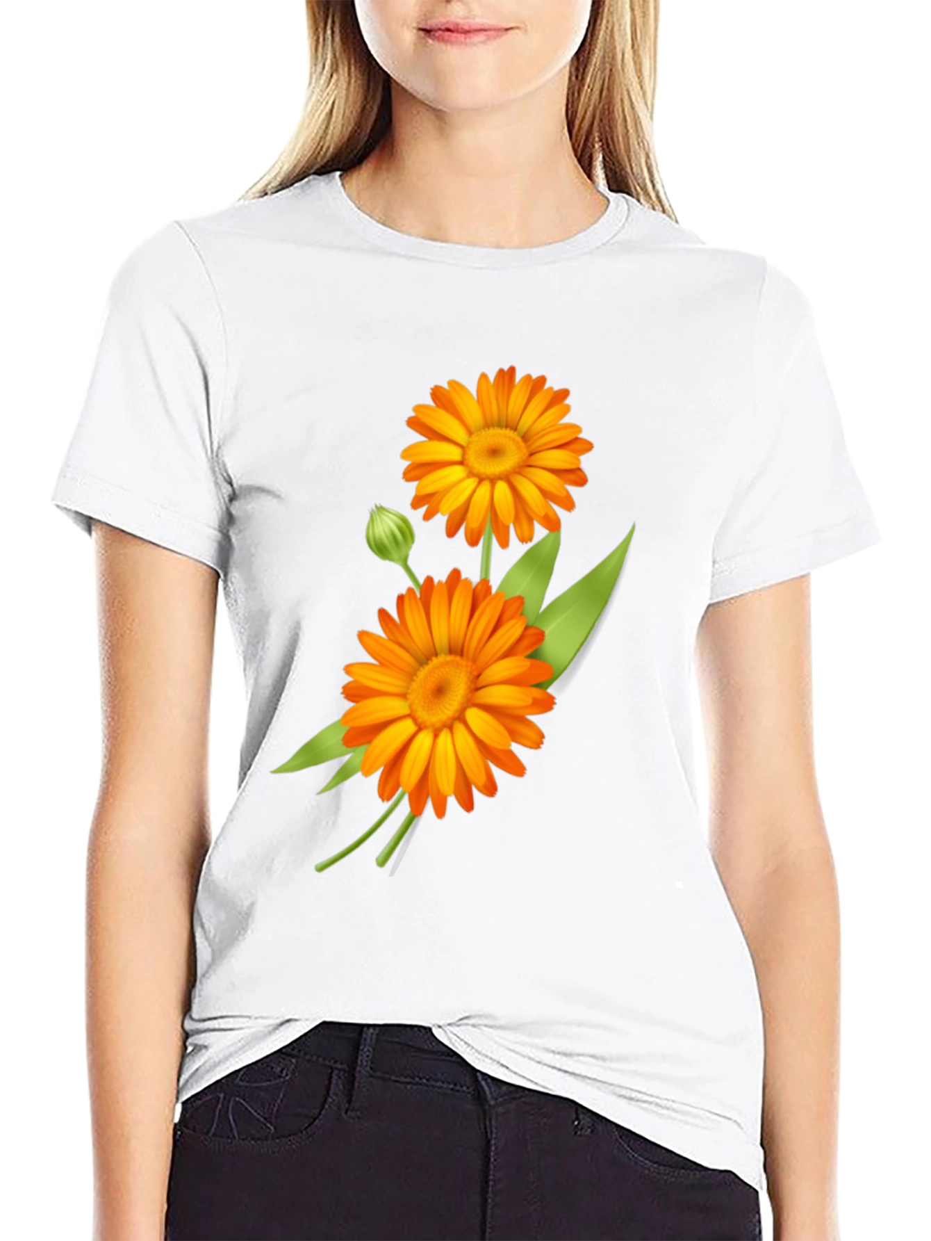 Calendula Flower Graphic Print Black Tee