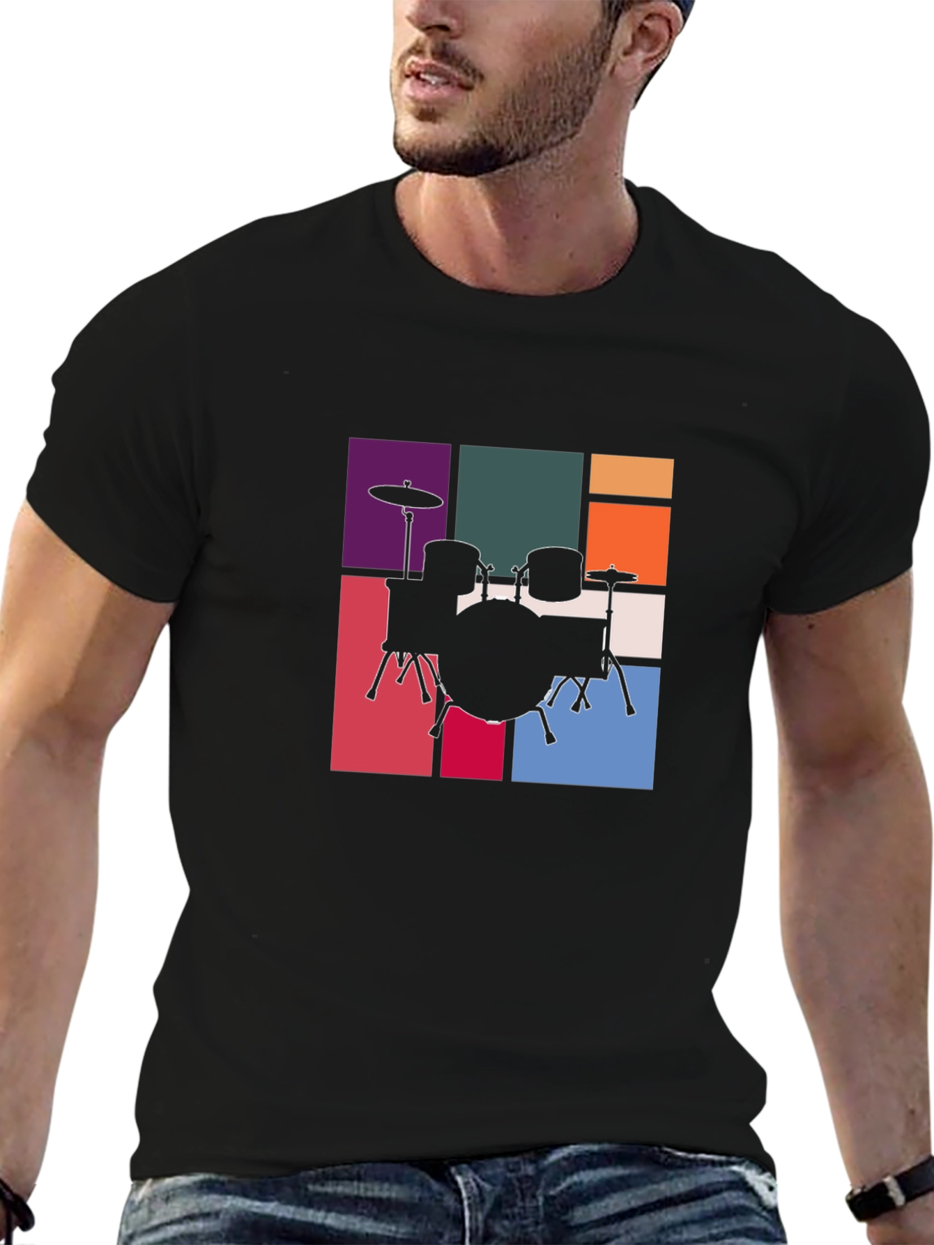 Drum Set Graphic Tee - Retro Music Style T-Shirt