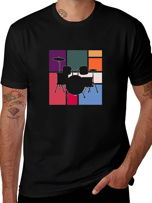 Drum Set Graphic Tee - Retro Music Style T-Shirt