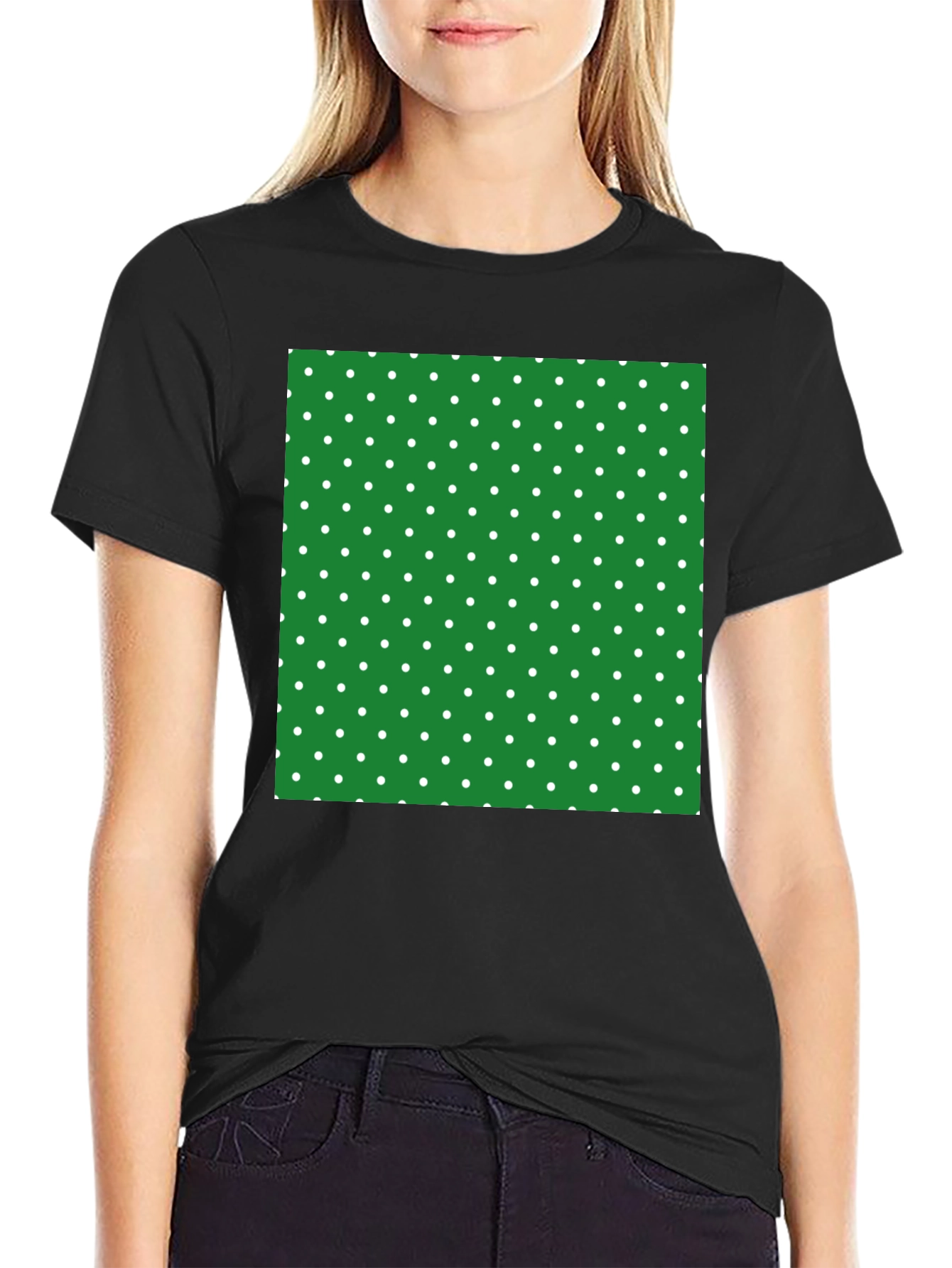 Black T-Shirt with Green Polka Dot Square Design