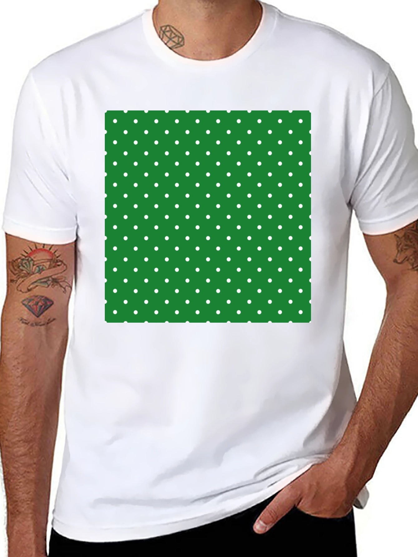 Black T-Shirt with Green Polka Dot Square Design