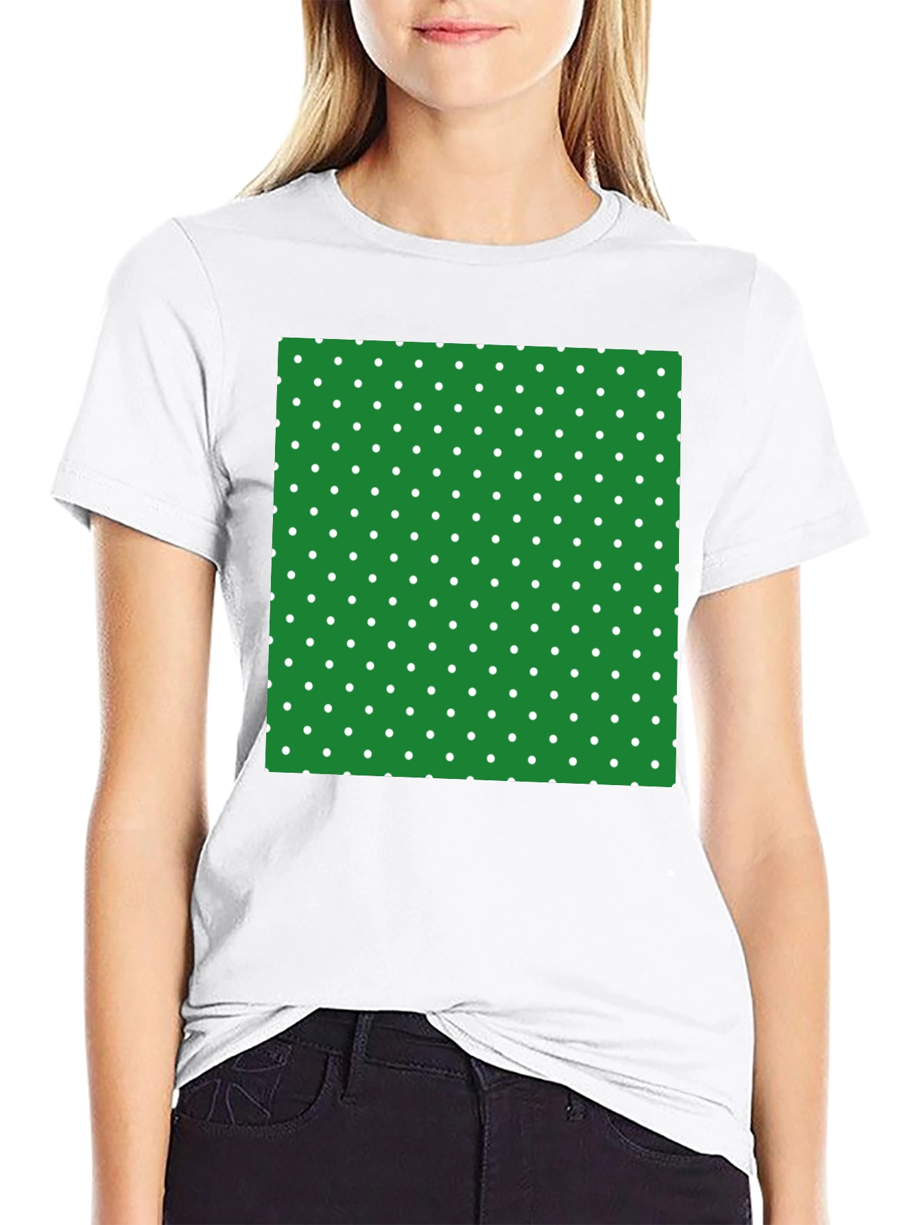 Black T-Shirt with Green Polka Dot Square Design