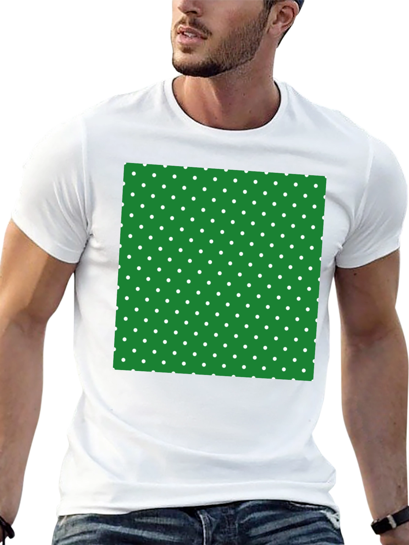 Black T-Shirt with Green Polka Dot Square Design