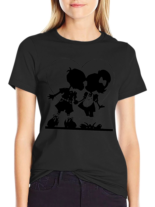Heart Silhouette Couple Graphic Tee - Black Cotton Casual Shirt