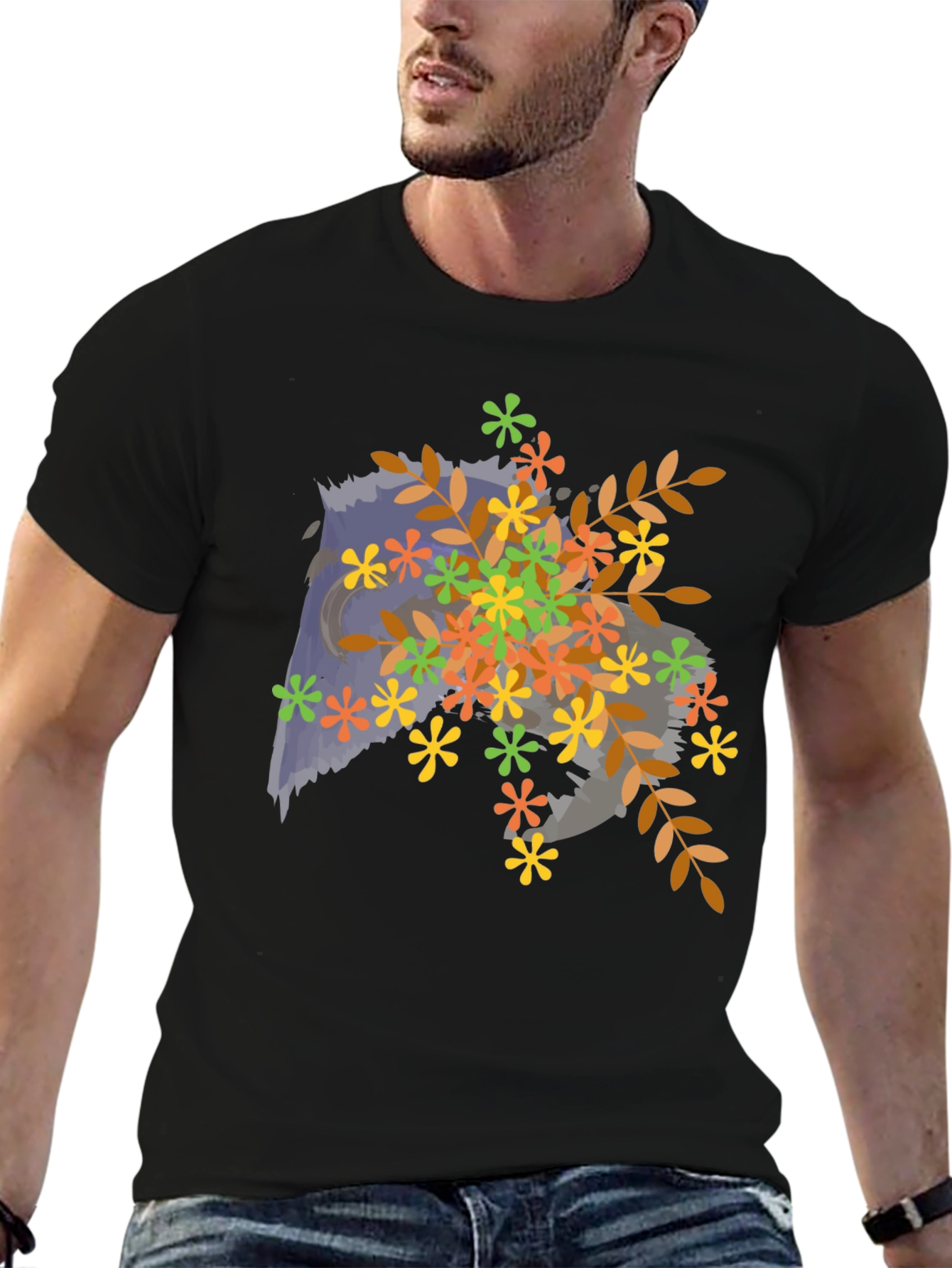 Floral Owl Graphic Tee - Mens Black T-Shirt