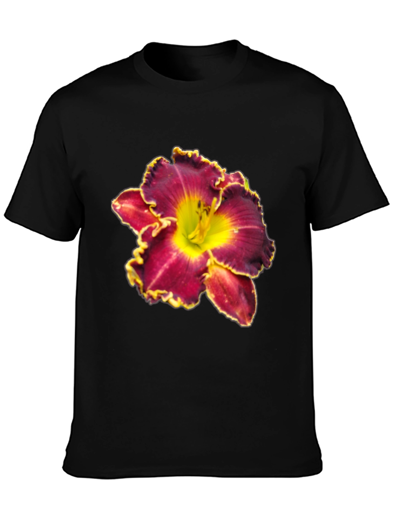 Floral T-Shirt: Maroon & Yellow Lily Design