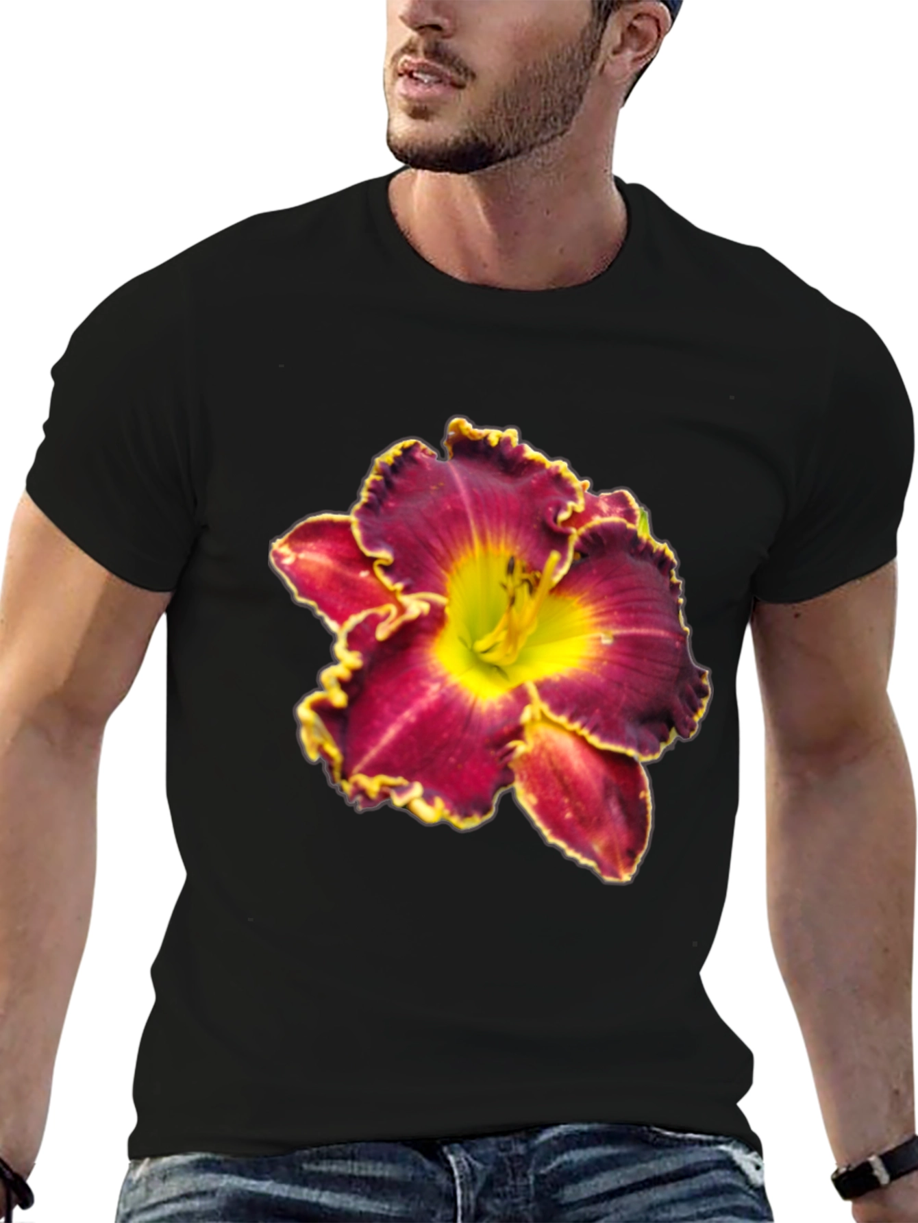 Floral T-Shirt: Maroon & Yellow Lily Design